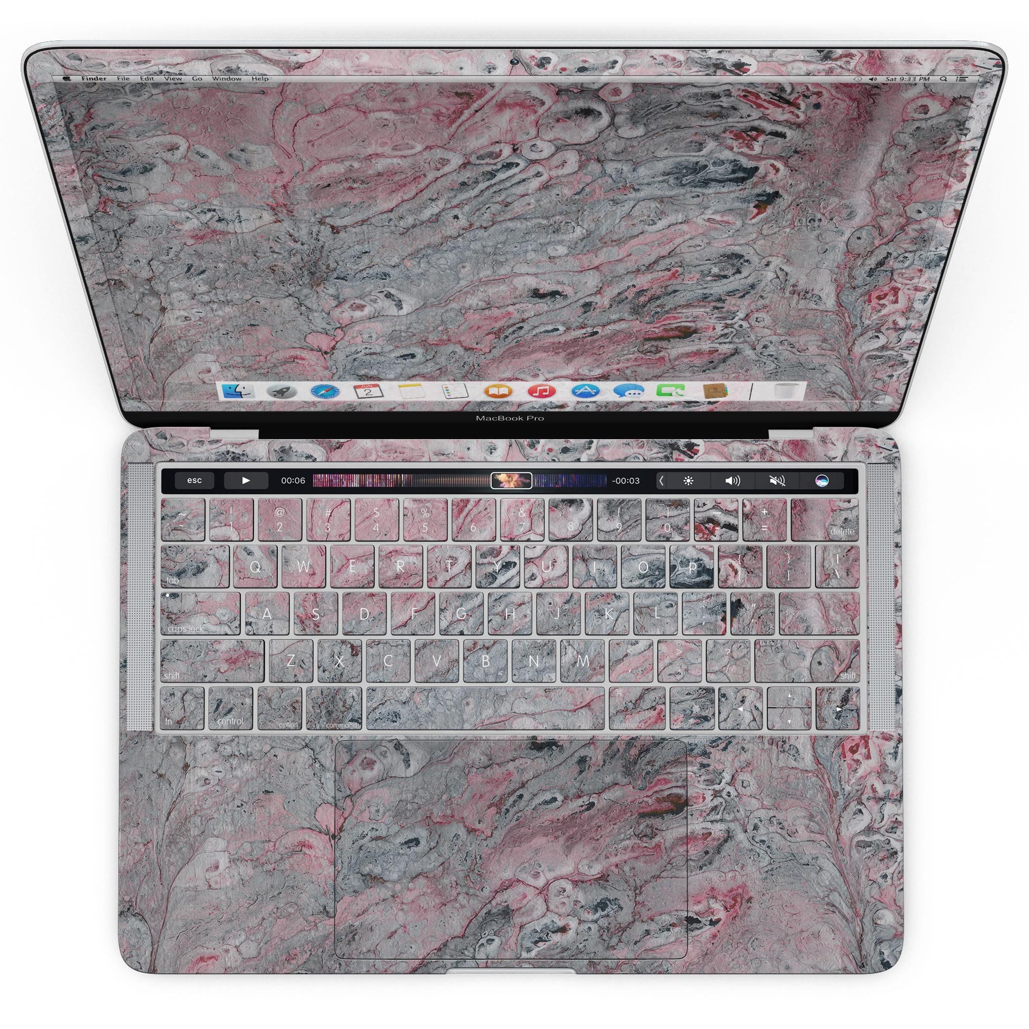 Abstract Wet Paint skin in subtle pink and gray for MacBook Pro with Touch Bar, showcasing a stylish design that protects the device.