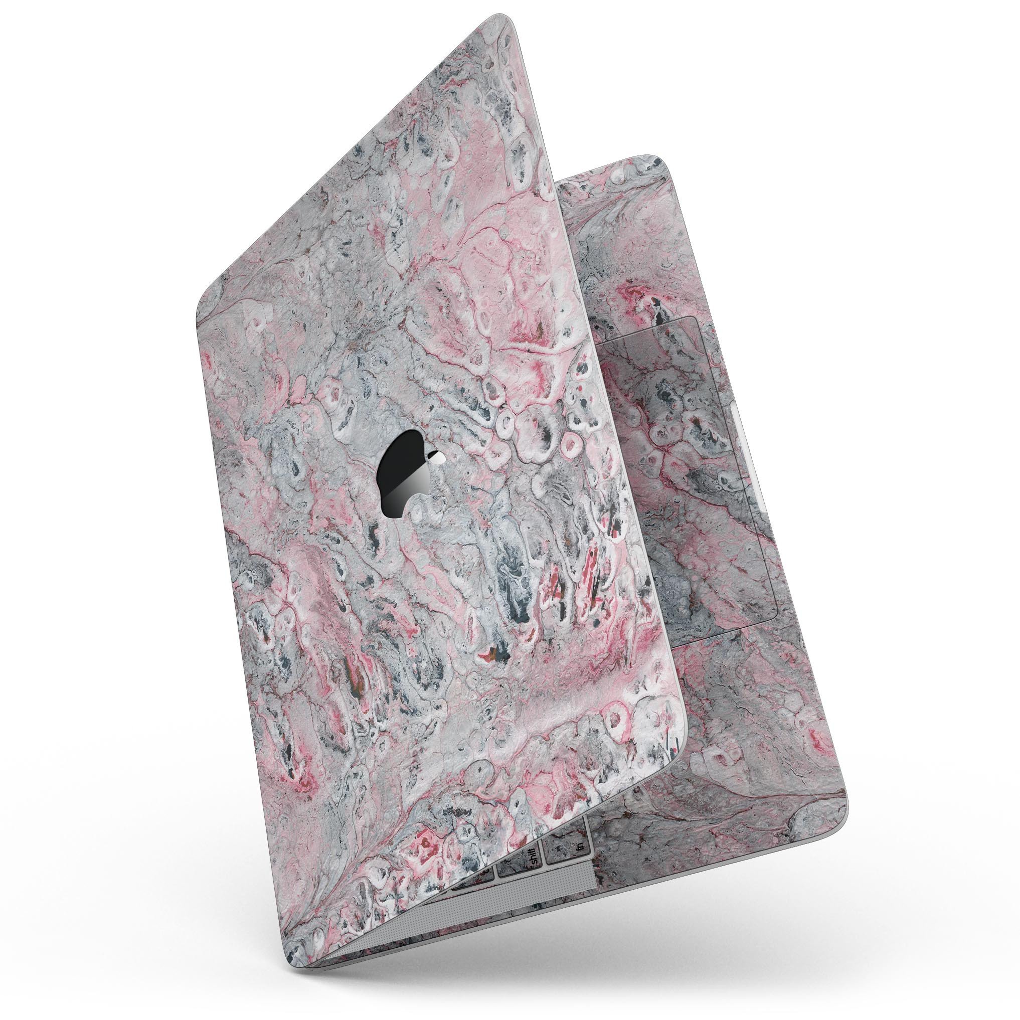 Abstract Wet Paint skin in subtle pink and gray for MacBook Pro with Touch Bar, showcasing a stylish design that protects the device.