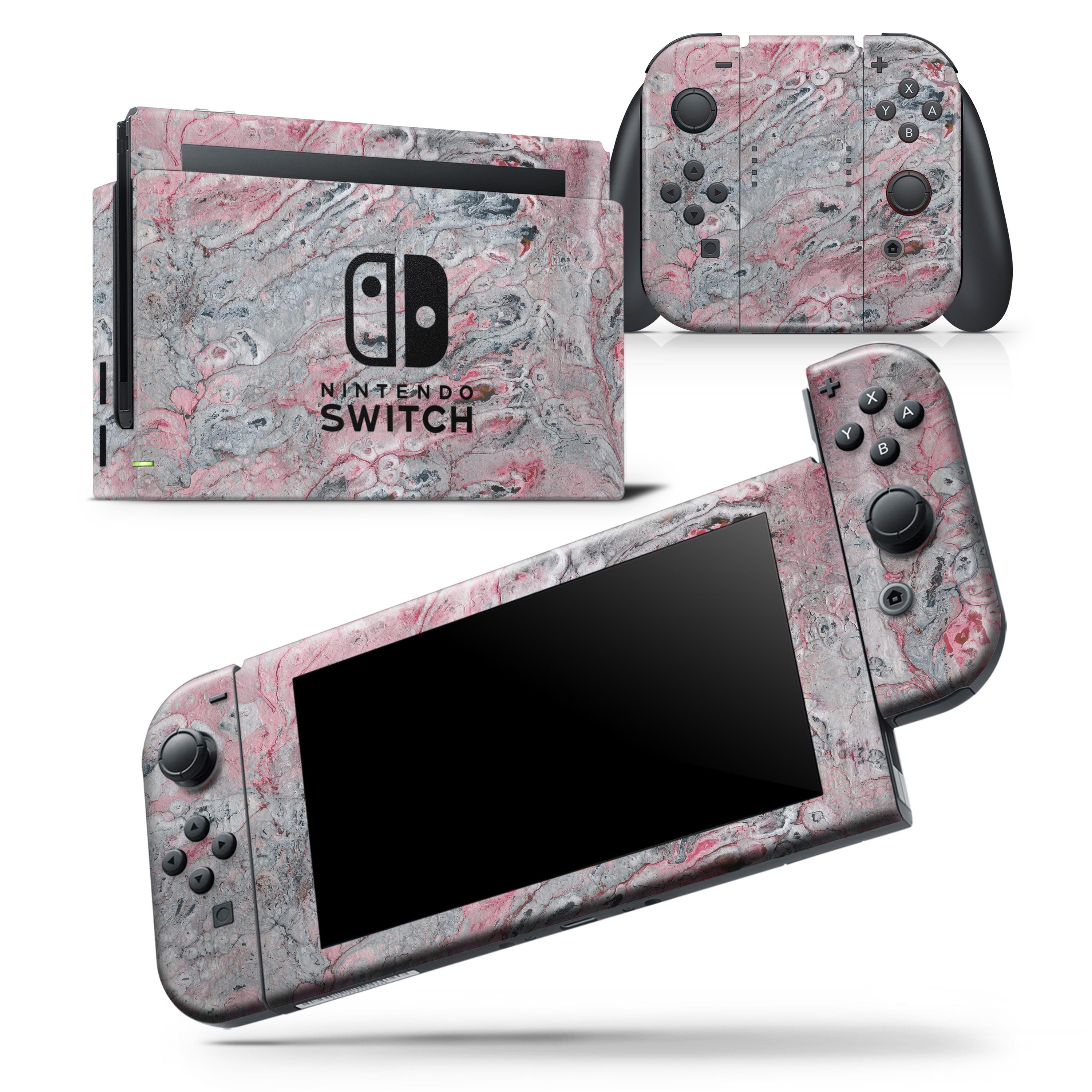 Abstract Wet Paint Skin Wrap in subtle pink and gray for Nintendo Switch, showcasing a stylish design that fits the console and controllers perfectly.