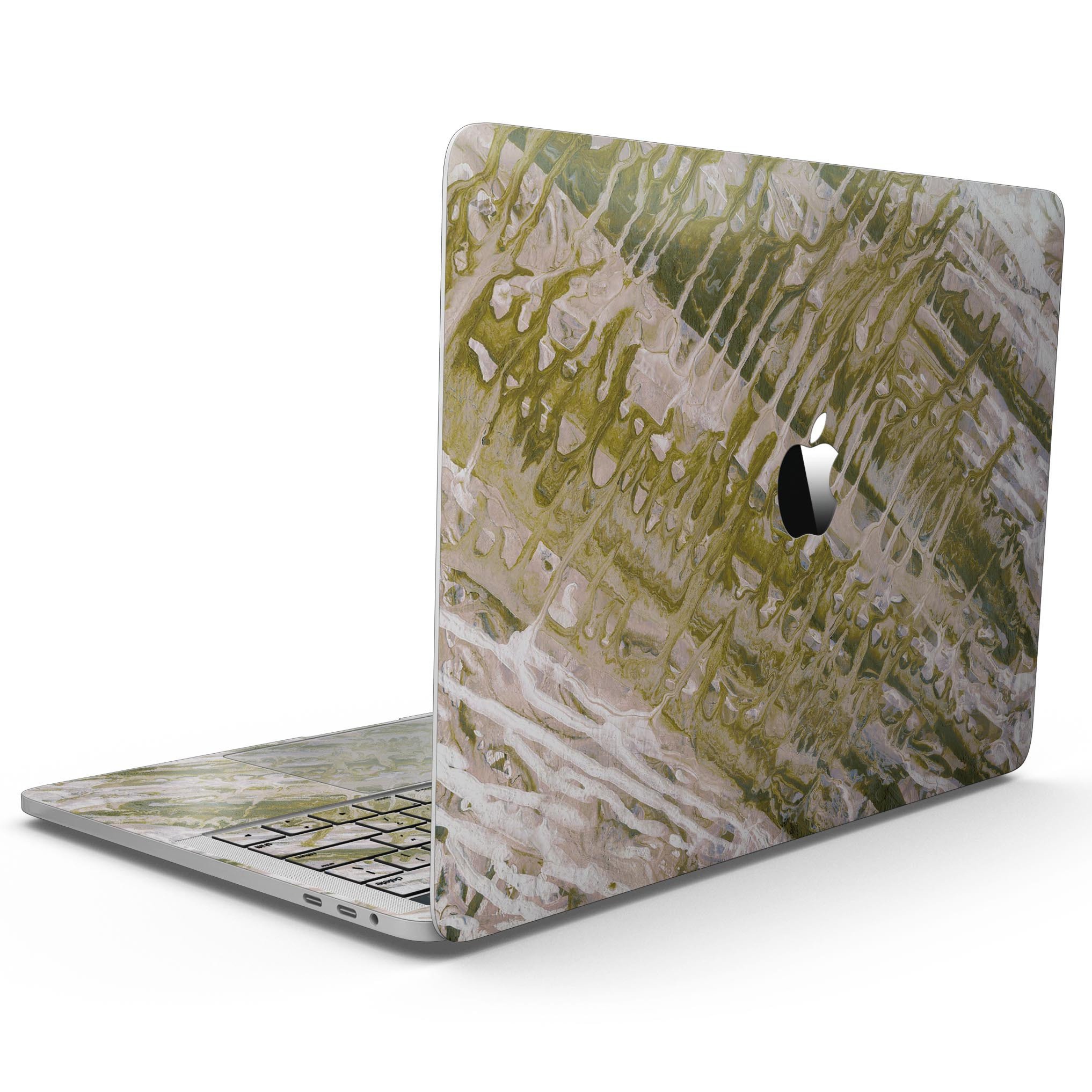 Abstract Wet Paint Subtle Pink Gold skin for MacBook Pro, showcasing a stylish design with pink and gold hues.