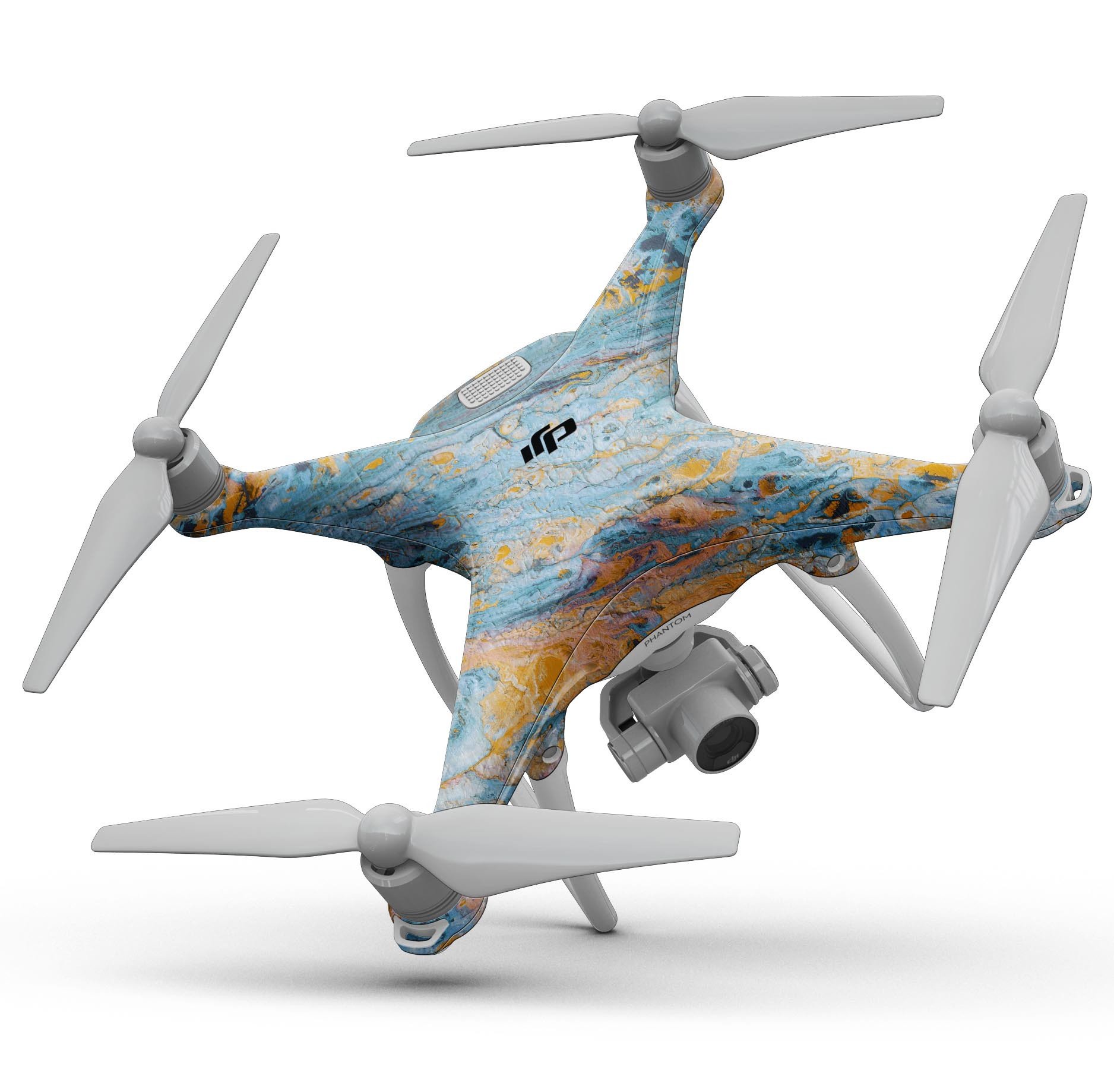 Abstract Wet Paint Teal and Gold Full-Body Skin Kit for DJI Phantom 4 Drone, showcasing vibrant colors and precision fit.