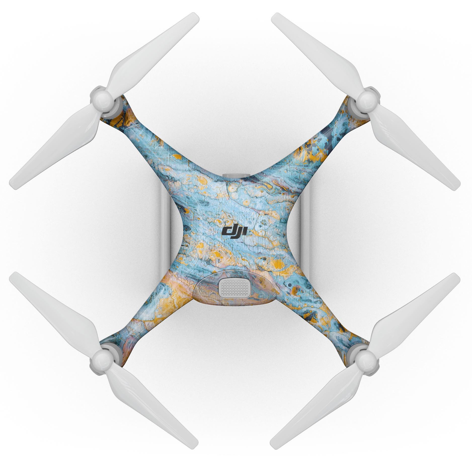 Abstract Wet Paint Teal and Gold Full-Body Skin Kit for DJI Phantom 4 Drone, showcasing vibrant colors and precision fit.