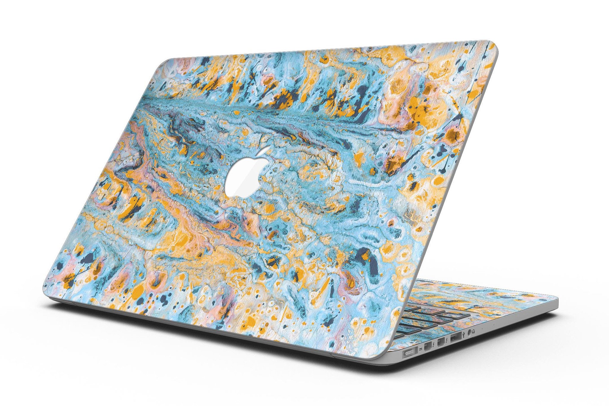 Abstract Wet Paint Teal and Gold skin for MacBook Pro with Retina Display, showcasing vibrant colors and a stylish design.