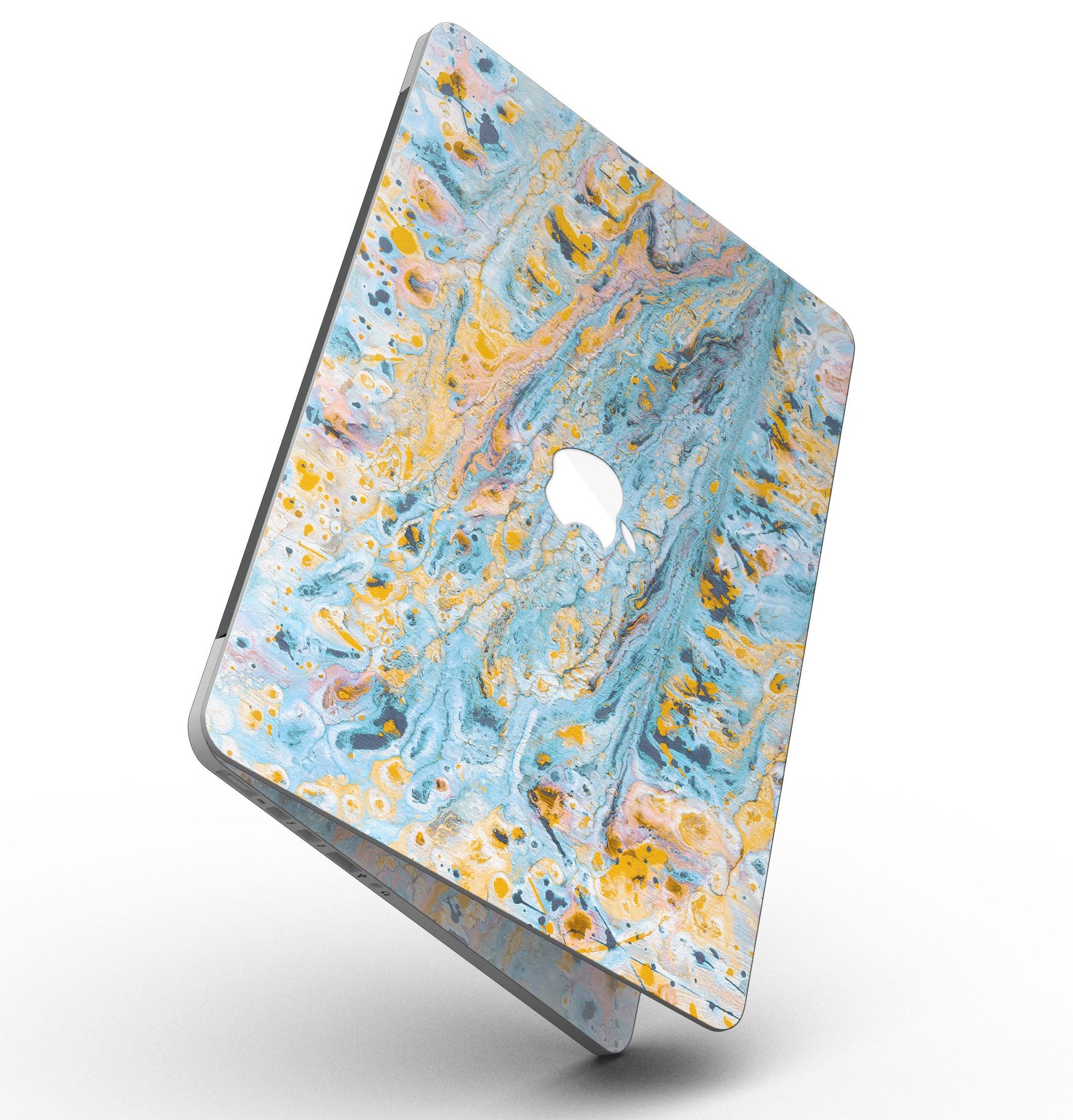 Abstract Wet Paint Teal and Gold skin for MacBook Pro with Retina Display, showcasing vibrant colors and a stylish design.