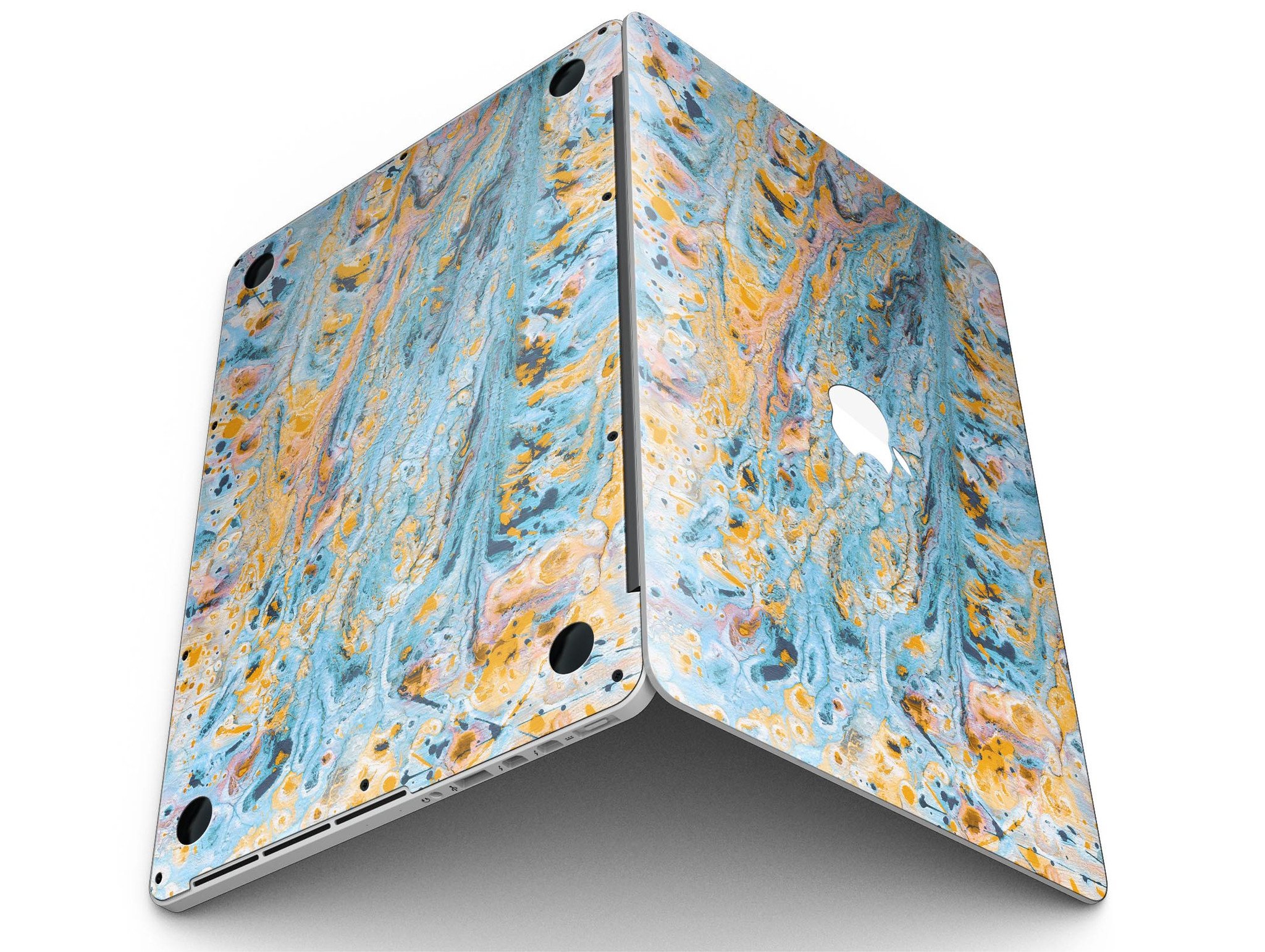 Abstract Wet Paint Teal and Gold skin for MacBook Pro with Retina Display, showcasing vibrant colors and a stylish design.