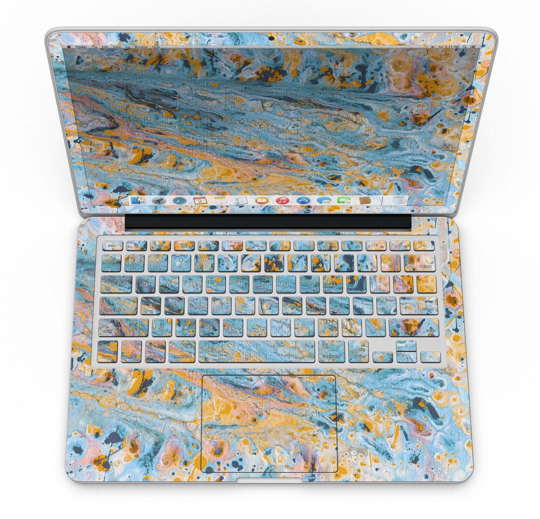 Abstract Wet Paint Teal and Gold skin for MacBook Pro with Retina Display, showcasing vibrant colors and a stylish design.