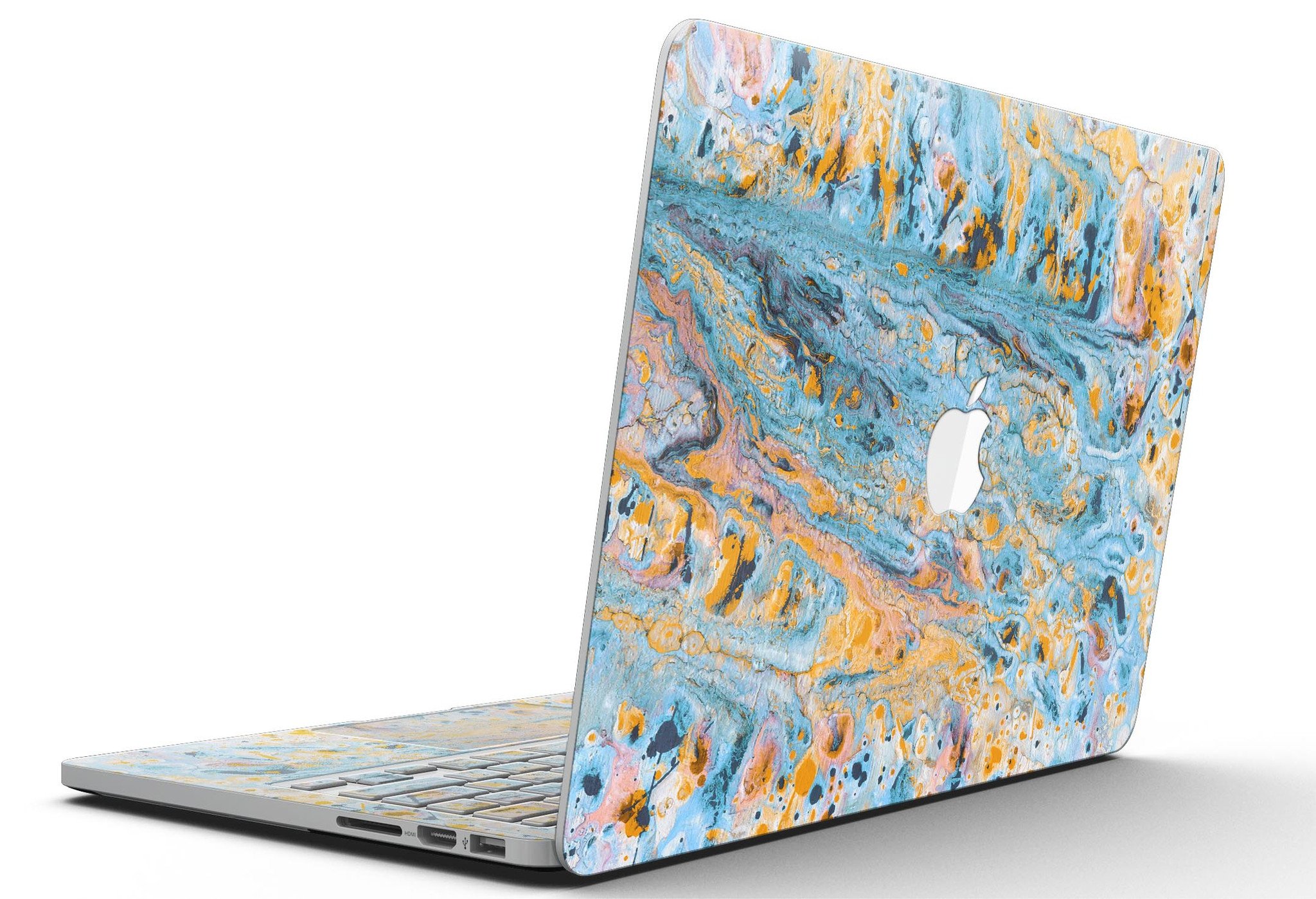 Abstract Wet Paint Teal and Gold skin for MacBook Pro with Retina Display, showcasing vibrant colors and a stylish design.