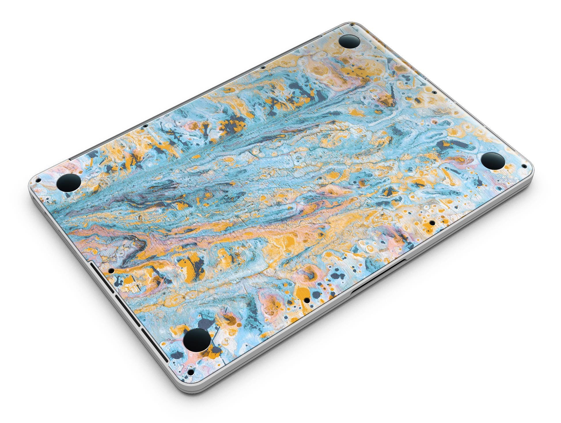 Abstract Wet Paint Teal and Gold skin for MacBook Pro with Retina Display, showcasing vibrant colors and a stylish design.