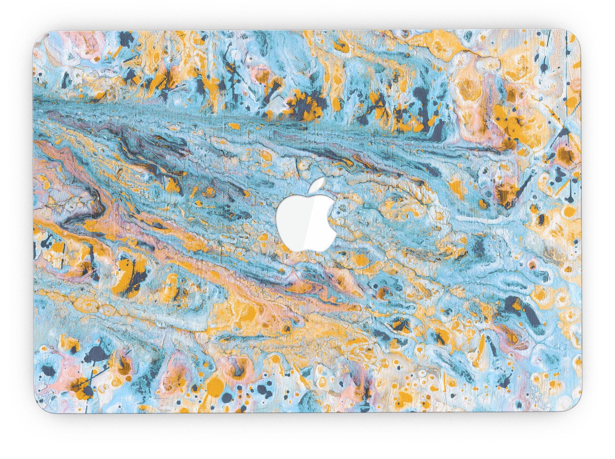 Abstract Wet Paint Teal and Gold skin for MacBook Pro with Retina Display, showcasing vibrant colors and a stylish design.