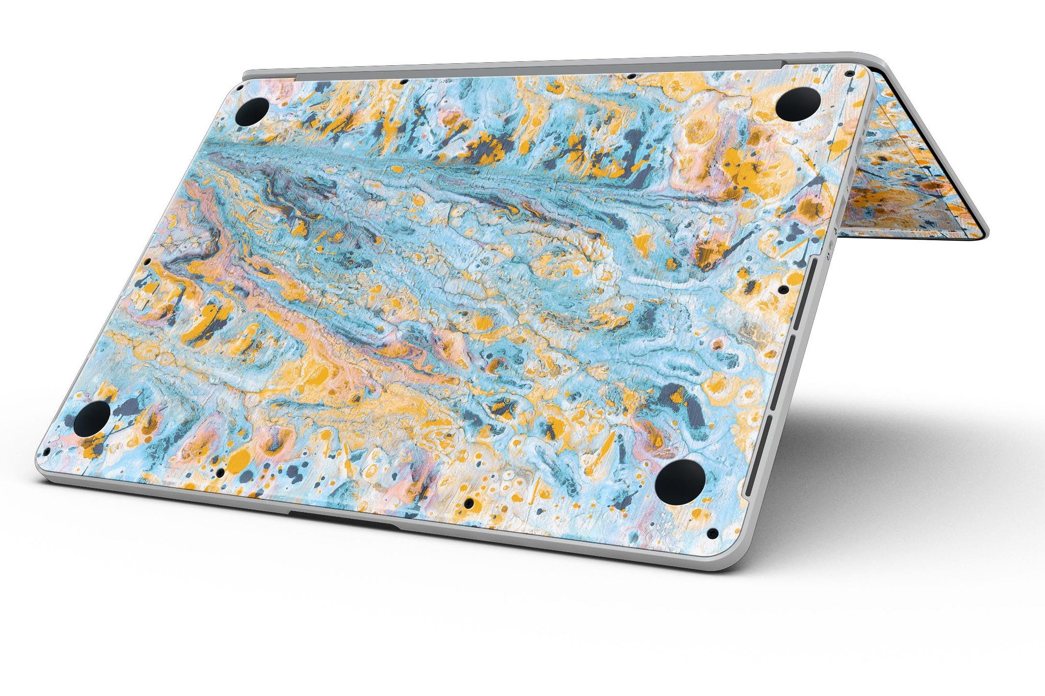 Abstract Wet Paint Teal and Gold skin for MacBook Pro with Retina Display, showcasing vibrant colors and a stylish design.