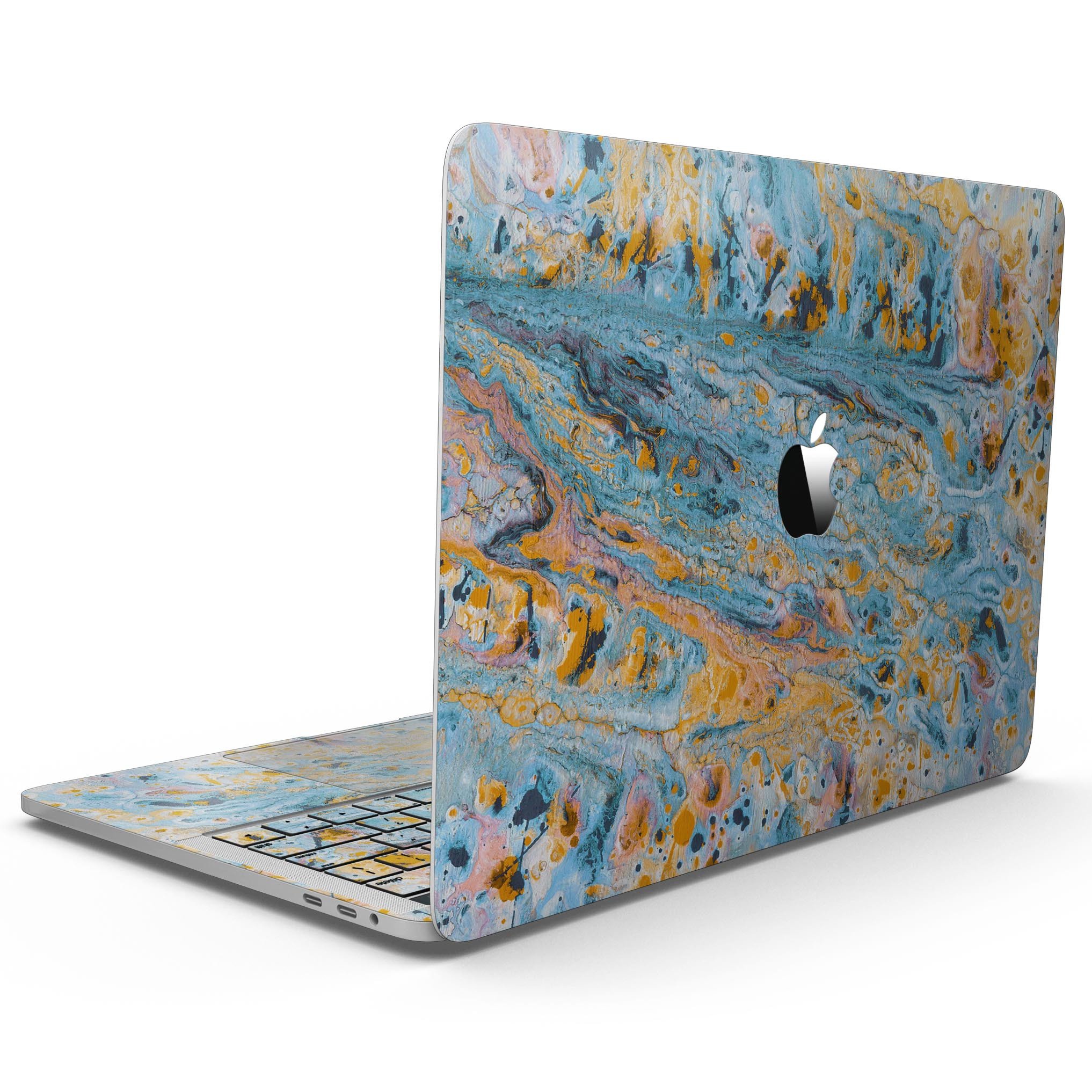 Abstract Wet Paint Teal and Gold skin kit for MacBook Pro with Touch Bar, showcasing vibrant colors and stylish design.