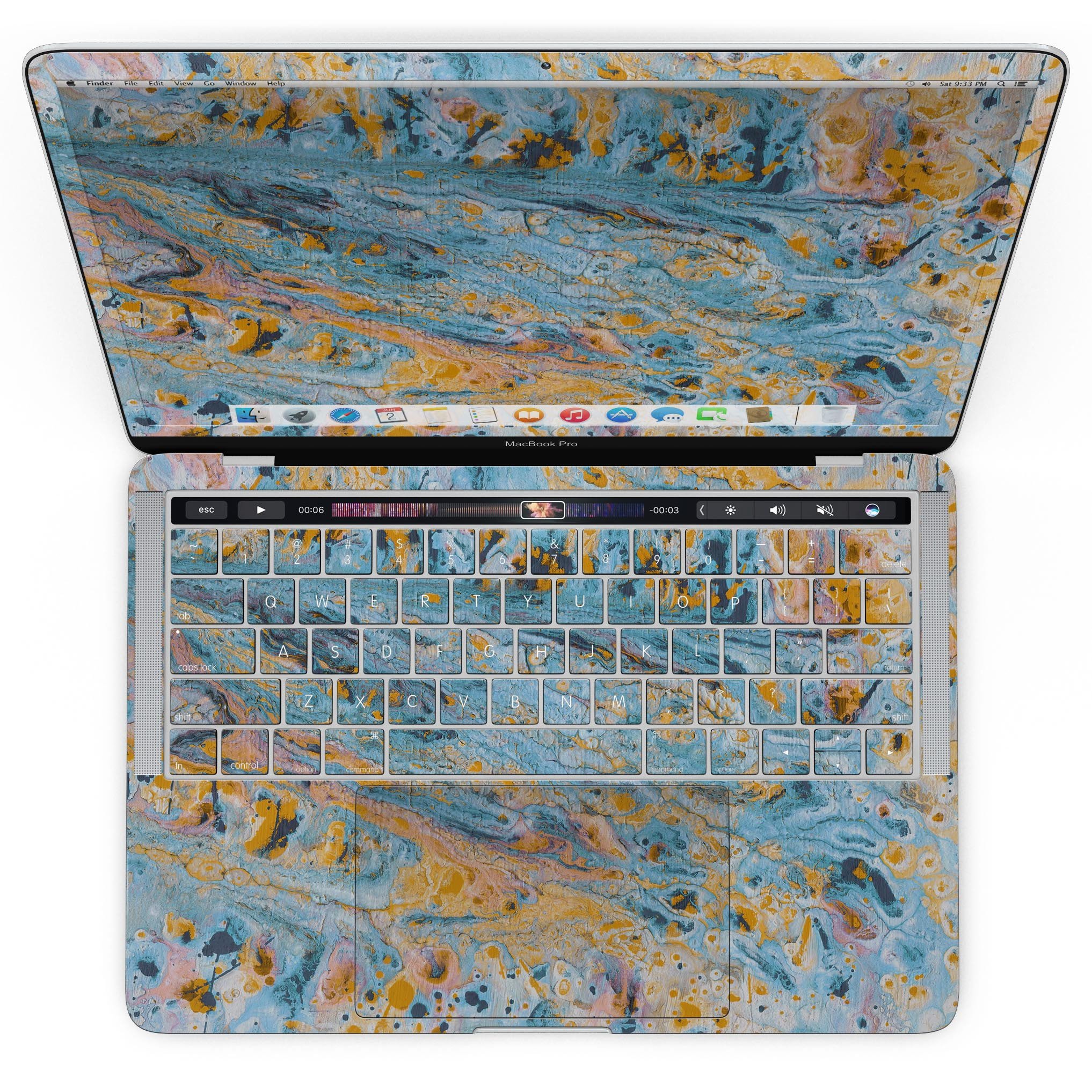 Abstract Wet Paint Teal and Gold skin kit for MacBook Pro with Touch Bar, showcasing vibrant colors and stylish design.