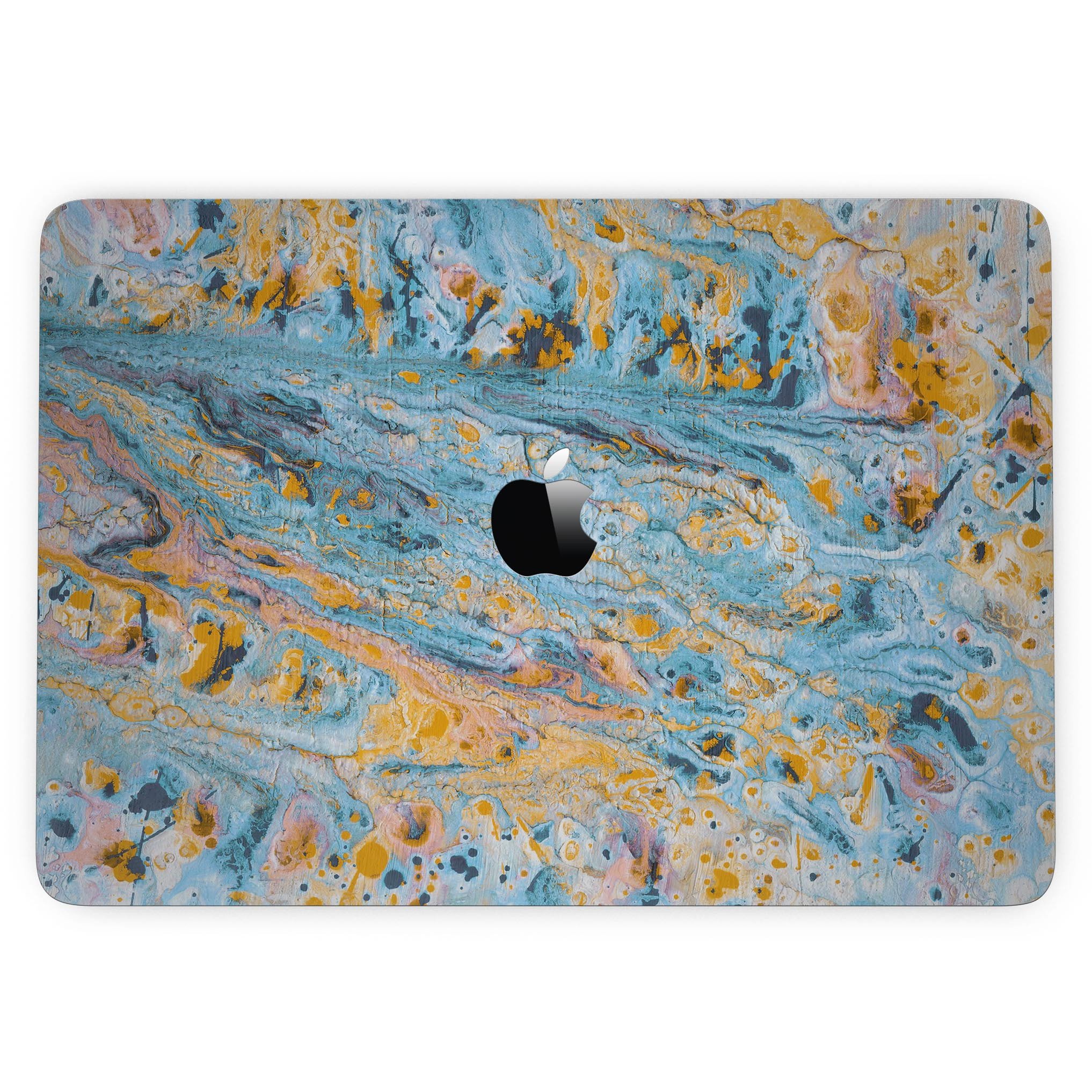 Abstract Wet Paint Teal and Gold skin kit for MacBook Pro with Touch Bar, showcasing vibrant colors and stylish design.