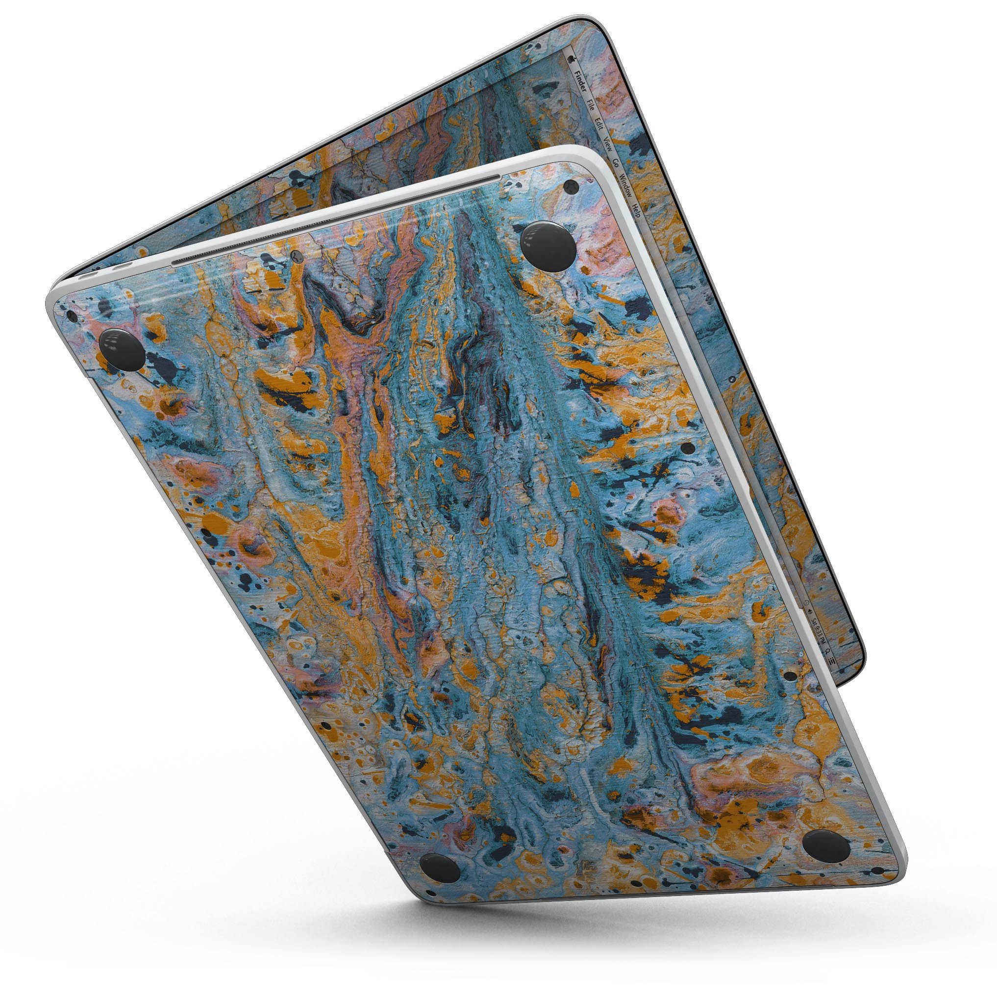 Abstract Wet Paint Teal and Gold skin kit for MacBook Pro with Touch Bar, showcasing vibrant colors and stylish design.