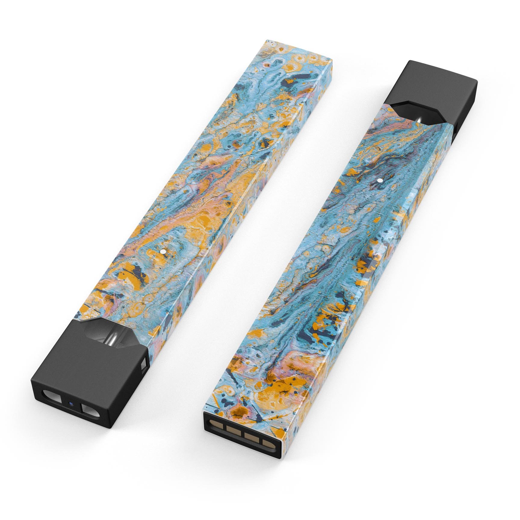 Abstract Wet Paint Teal and Gold skin-wrap for JUUL device, showcasing vibrant colors and premium design.