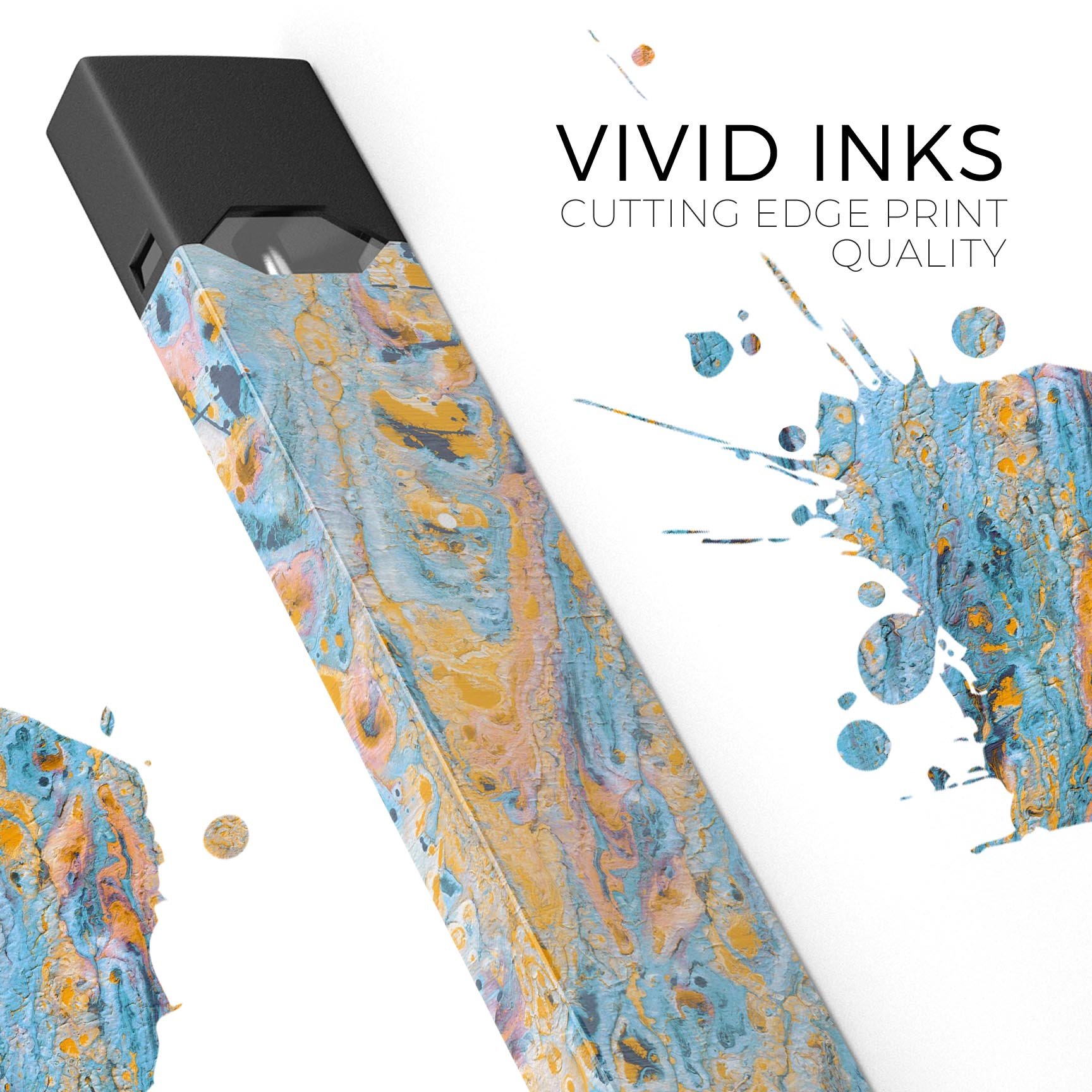 Abstract Wet Paint Teal and Gold skin-wrap for JUUL device, showcasing vibrant colors and premium design.