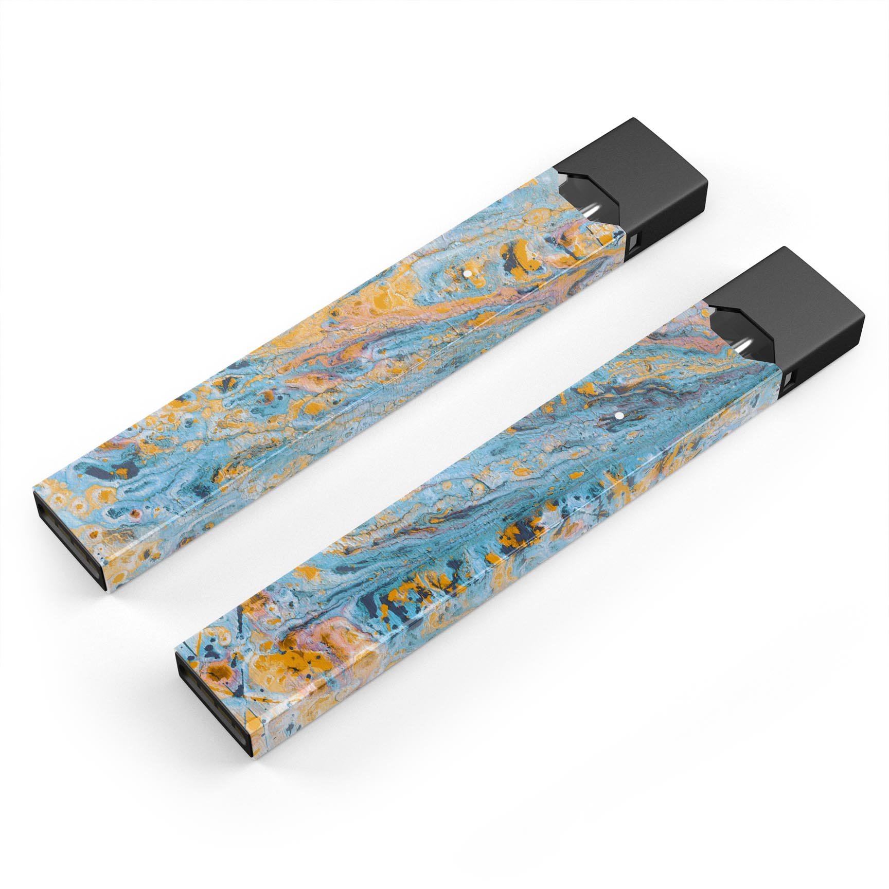 Abstract Wet Paint Teal and Gold skin-wrap for JUUL device, showcasing vibrant colors and premium design.