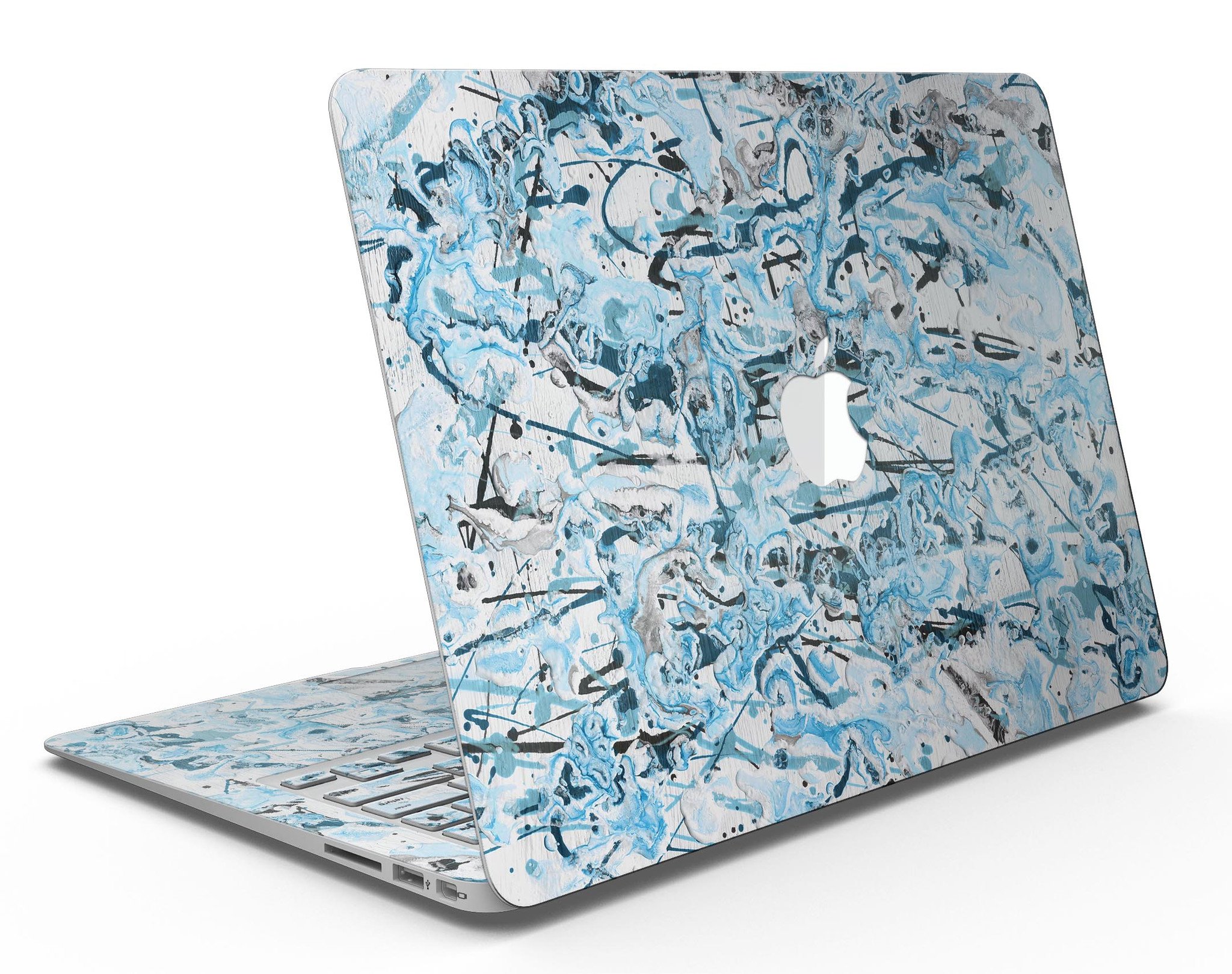 Abstract Wet Paint Teal MacBook Air Skin Kit showcasing vibrant colors and sleek design.