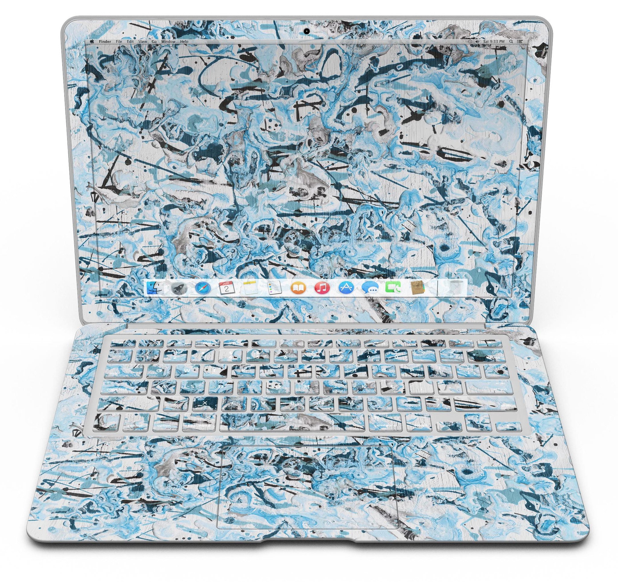 Abstract Wet Paint Teal MacBook Air Skin Kit showcasing vibrant colors and sleek design.