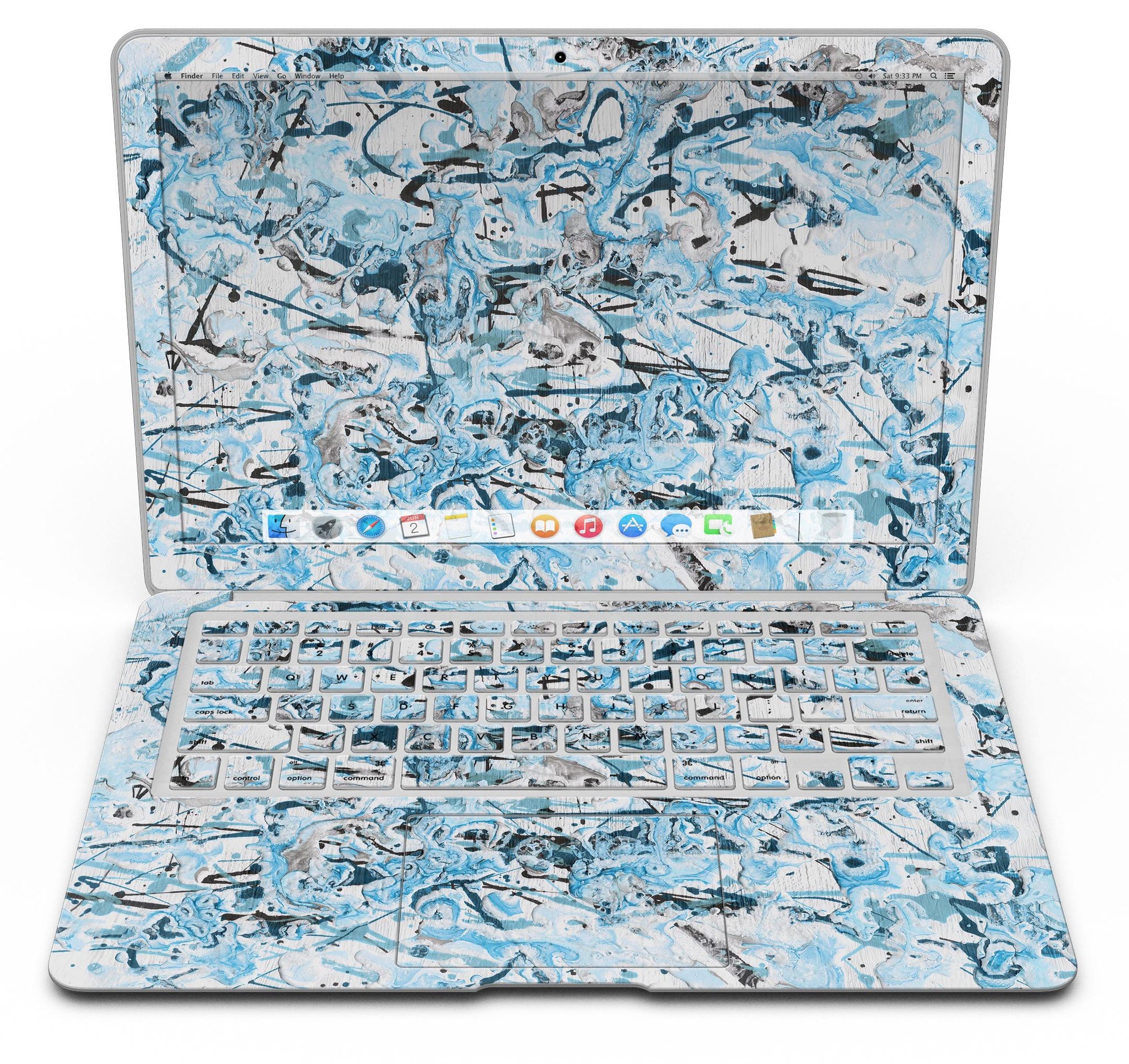 Abstract Wet Paint Teal MacBook Air Skin Kit showcasing vibrant colors and sleek design.