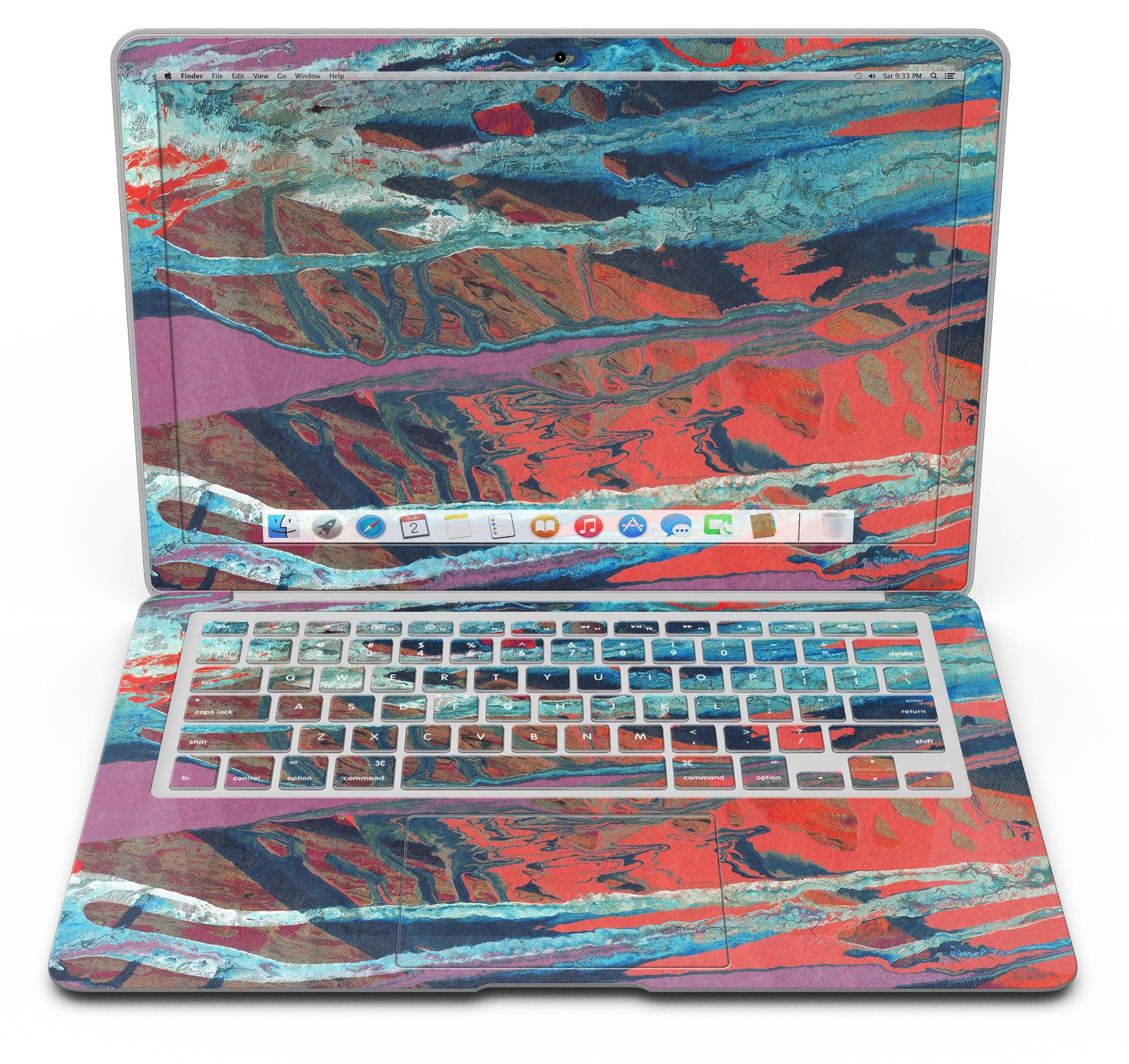 Abstract Wet Paint v92 skin kit for MacBook Air, showcasing vibrant colors and unique design on a sleek vinyl surface.