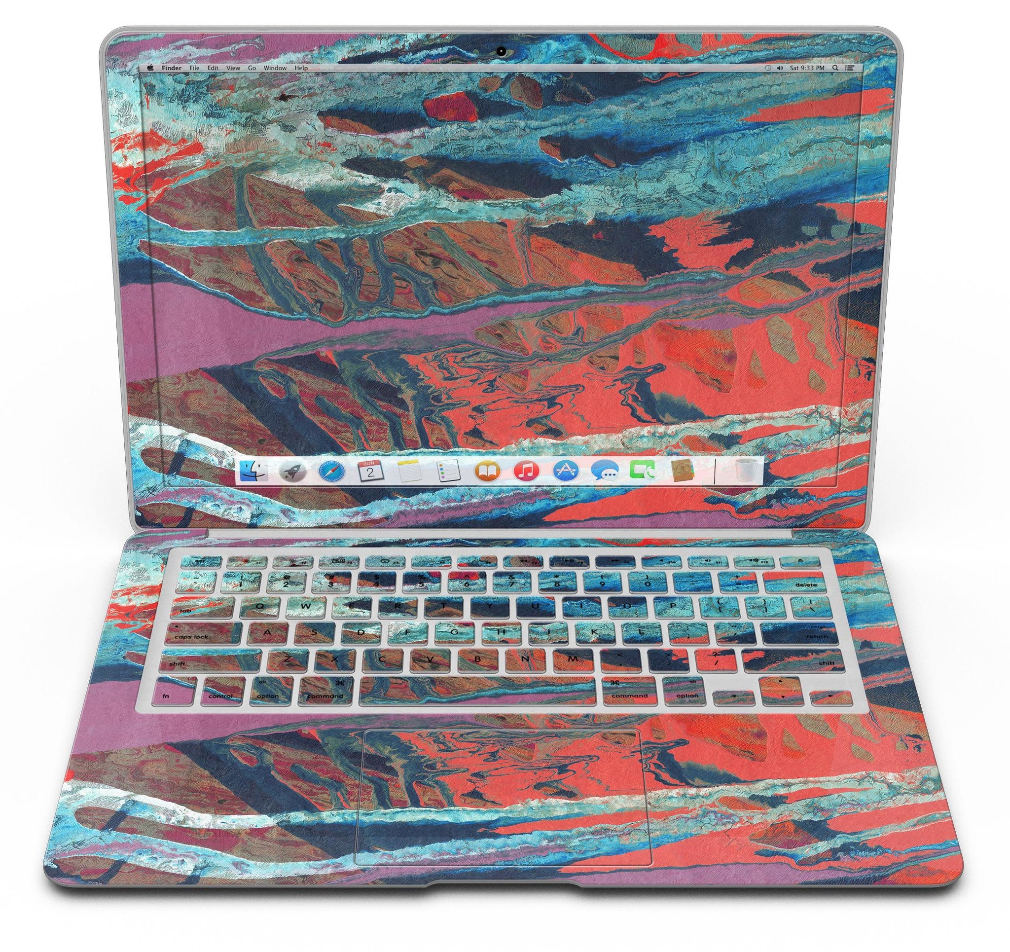 Abstract Wet Paint v92 skin kit for MacBook Air, showcasing vibrant colors and unique design on a sleek vinyl surface.