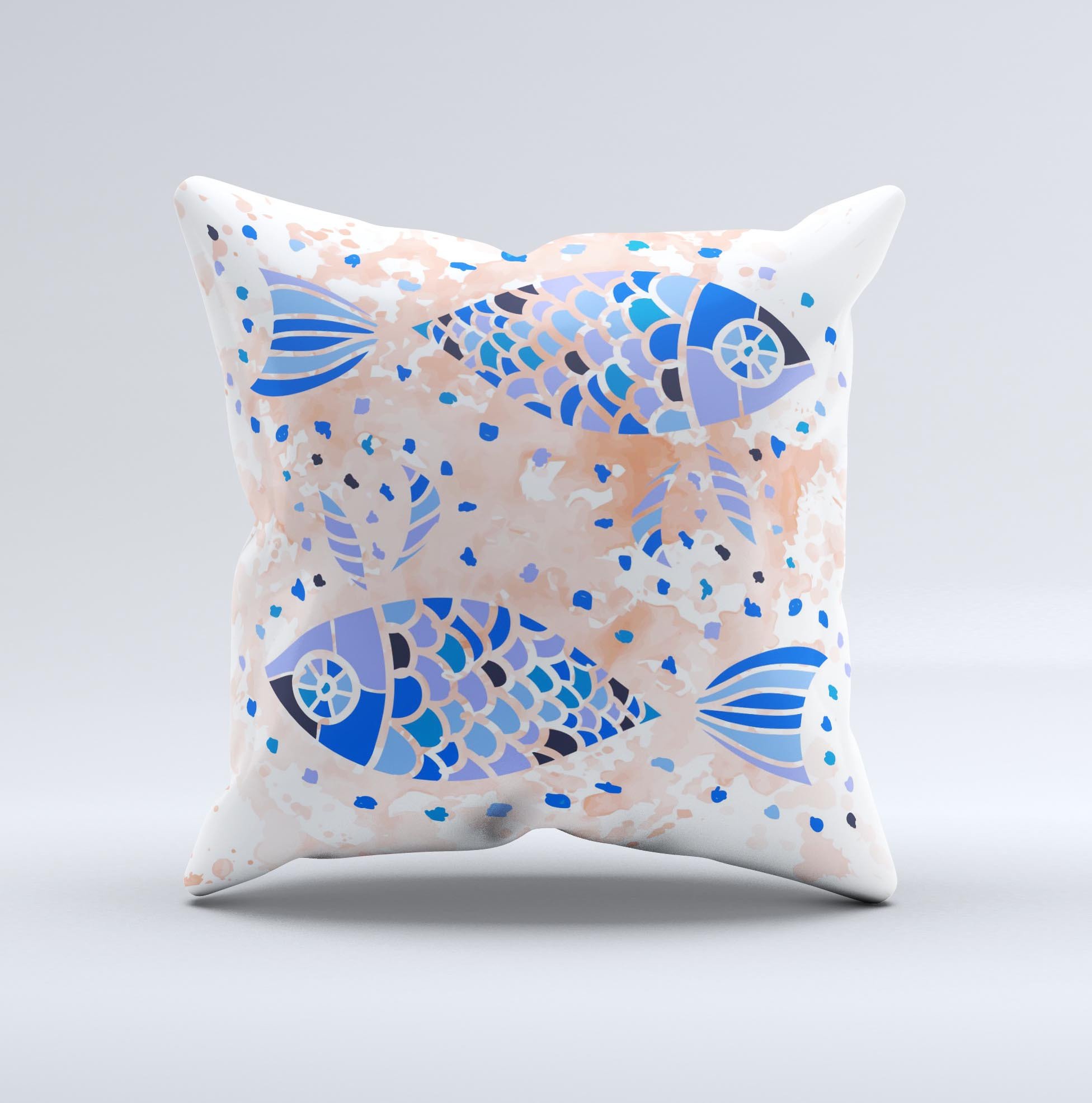 Abstract decorative throw pillow featuring a white and blue fish fossil design, handcrafted in Virginia with high-quality materials.