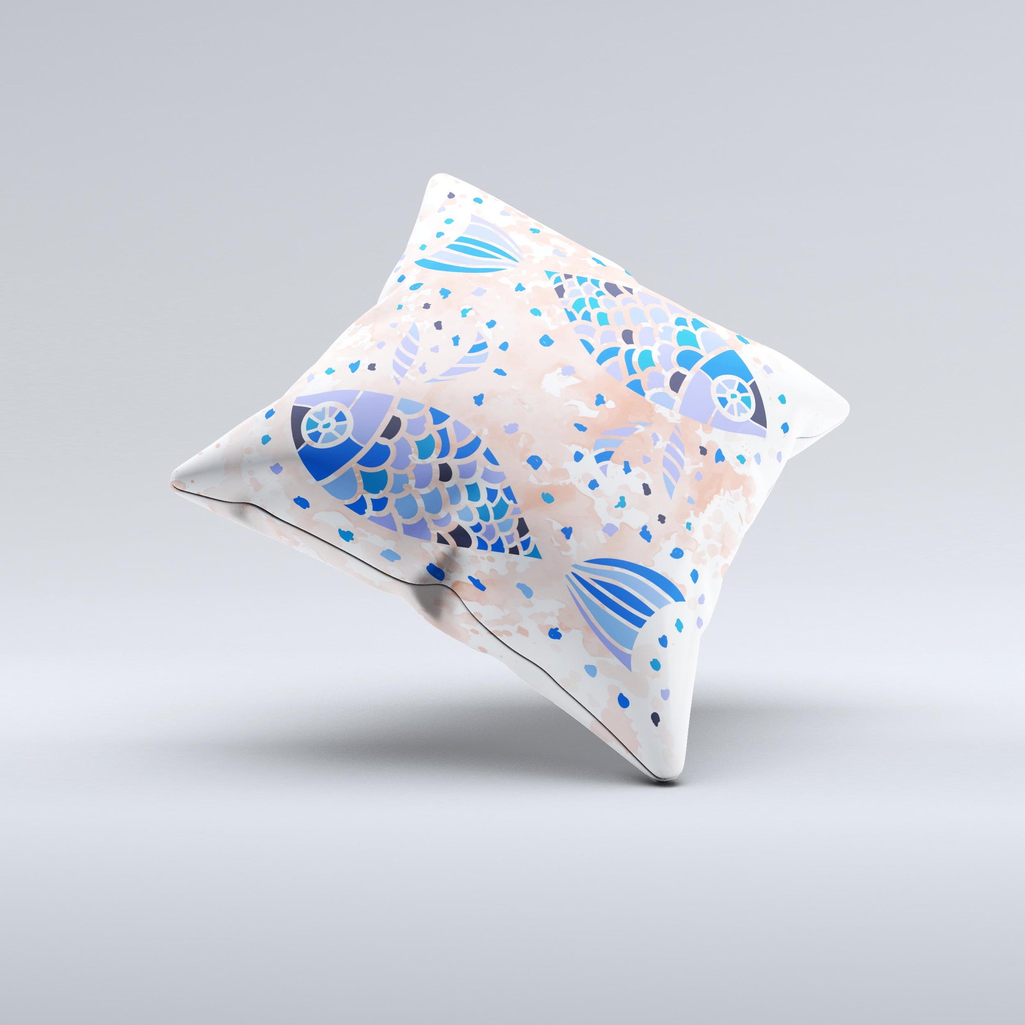 Abstract decorative throw pillow featuring a white and blue fish fossil design, handcrafted in Virginia with high-quality materials.