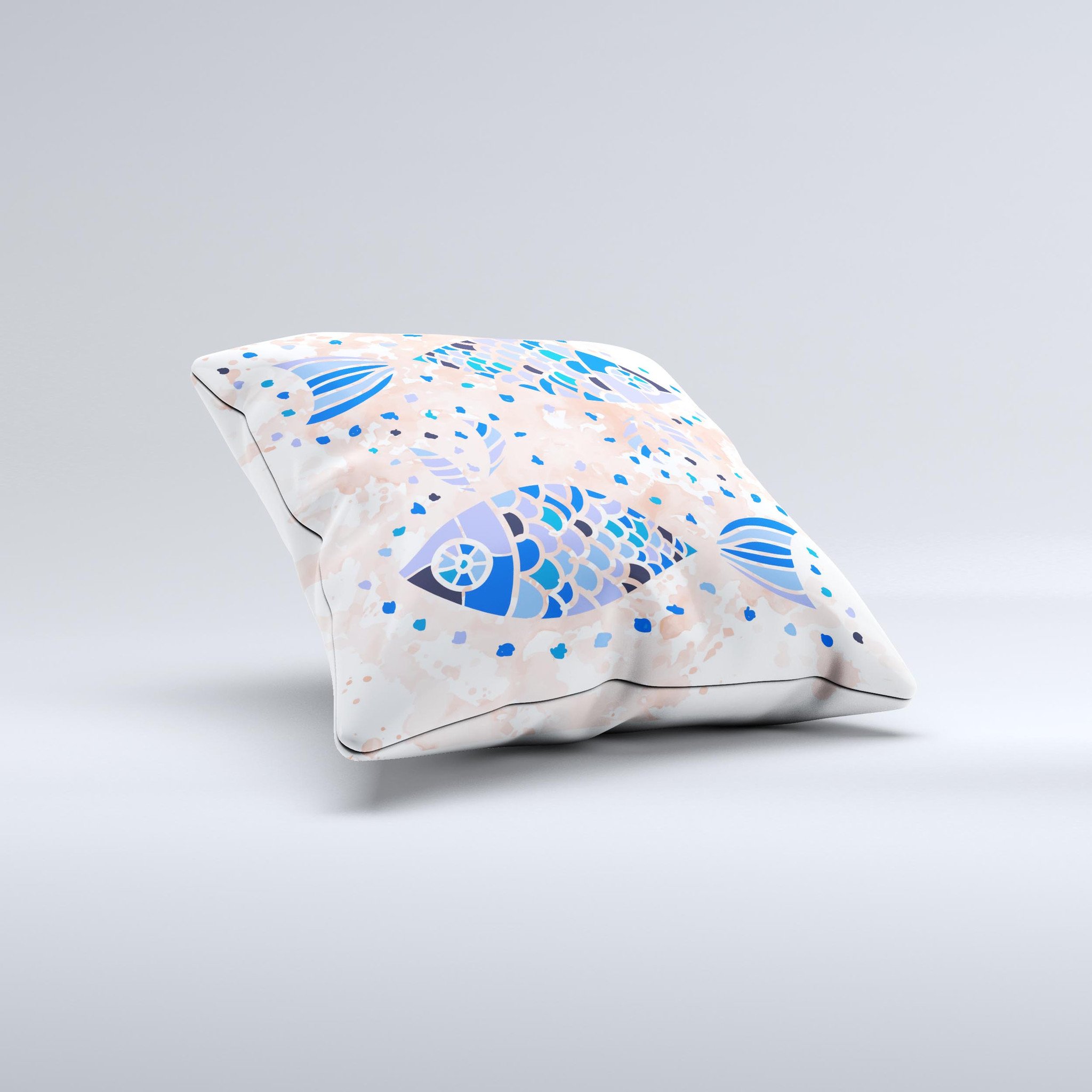 Abstract decorative throw pillow featuring a white and blue fish fossil design, handcrafted in Virginia with high-quality materials.