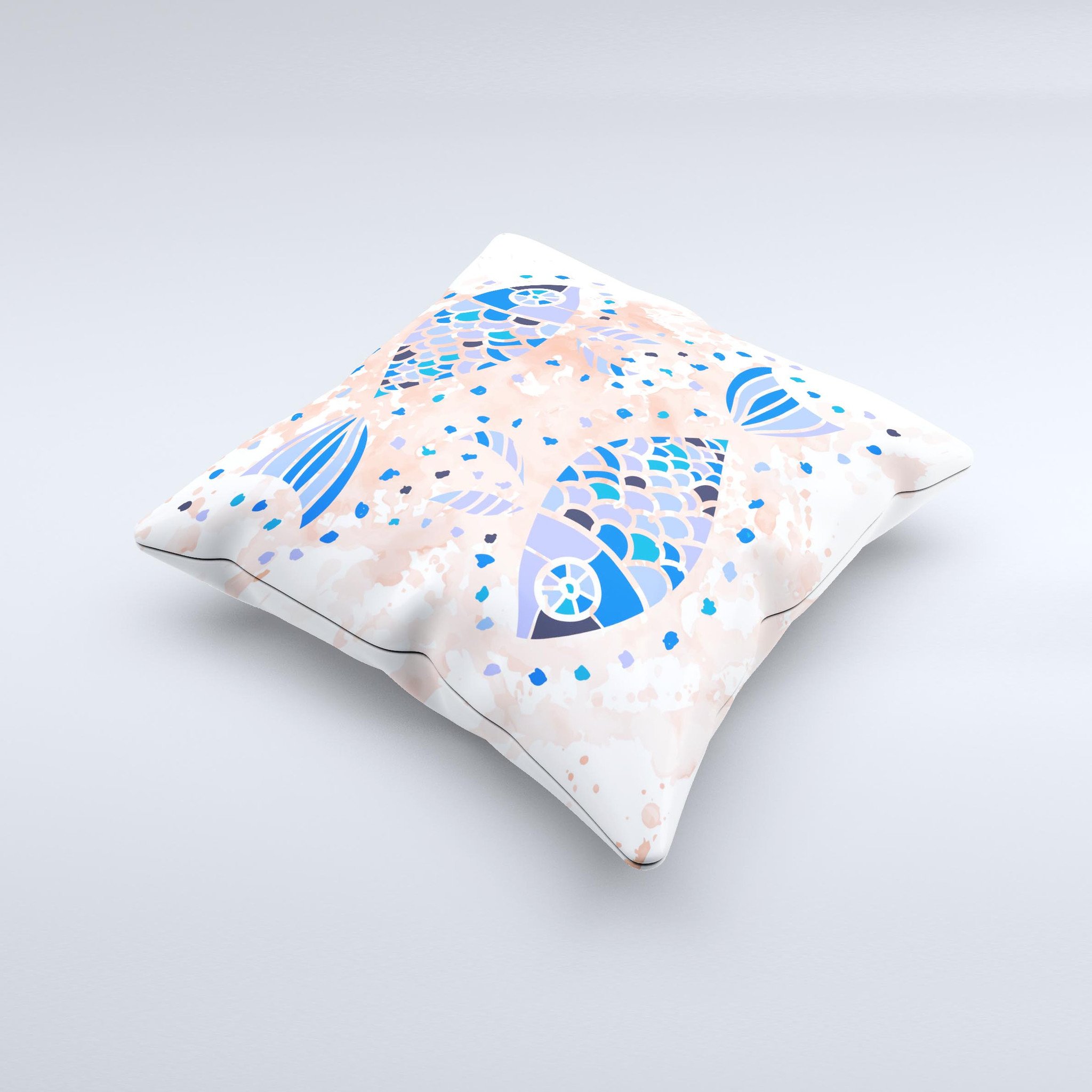 Abstract decorative throw pillow featuring a white and blue fish fossil design, handcrafted in Virginia with high-quality materials.