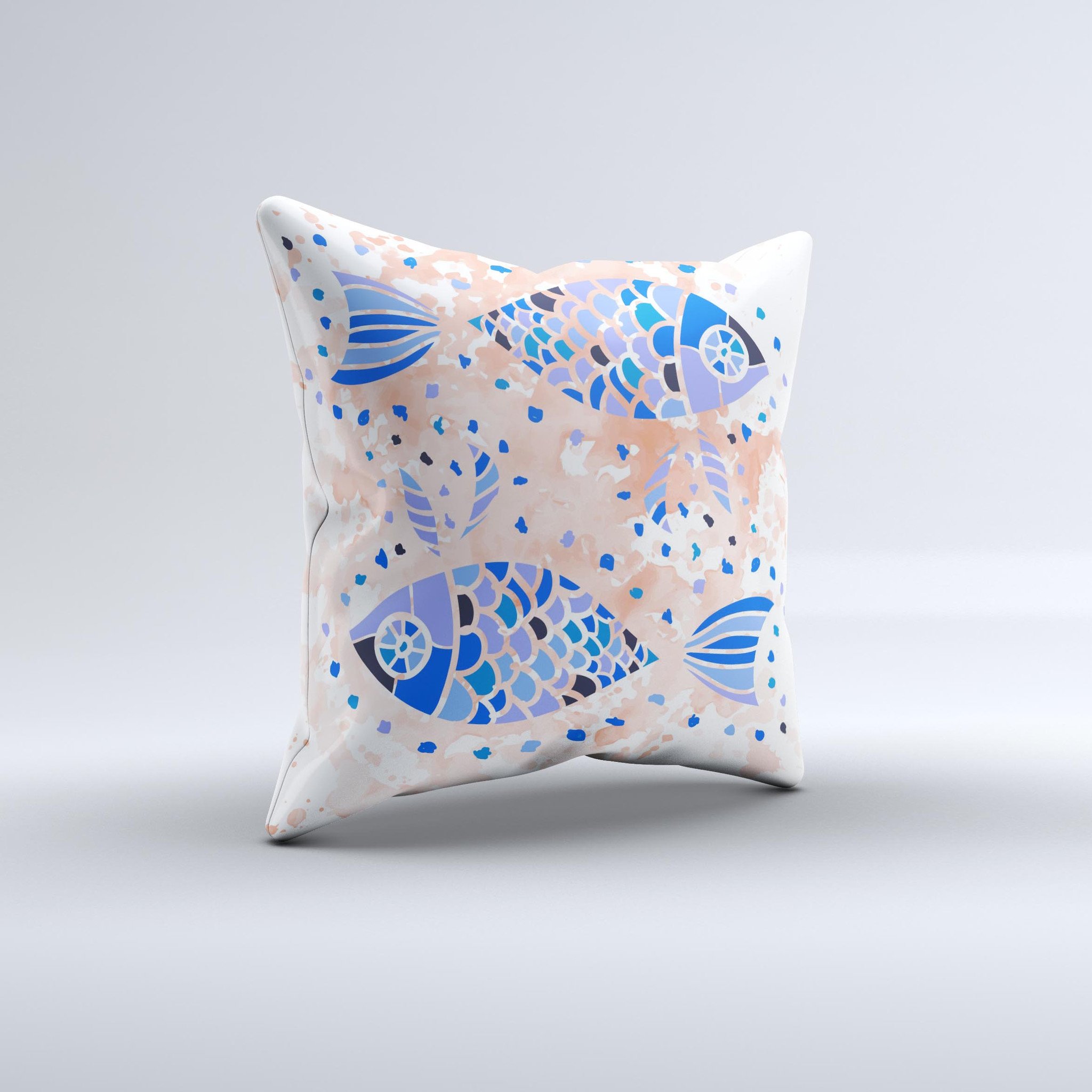 Abstract decorative throw pillow featuring a white and blue fish fossil design, handcrafted in Virginia with high-quality materials.