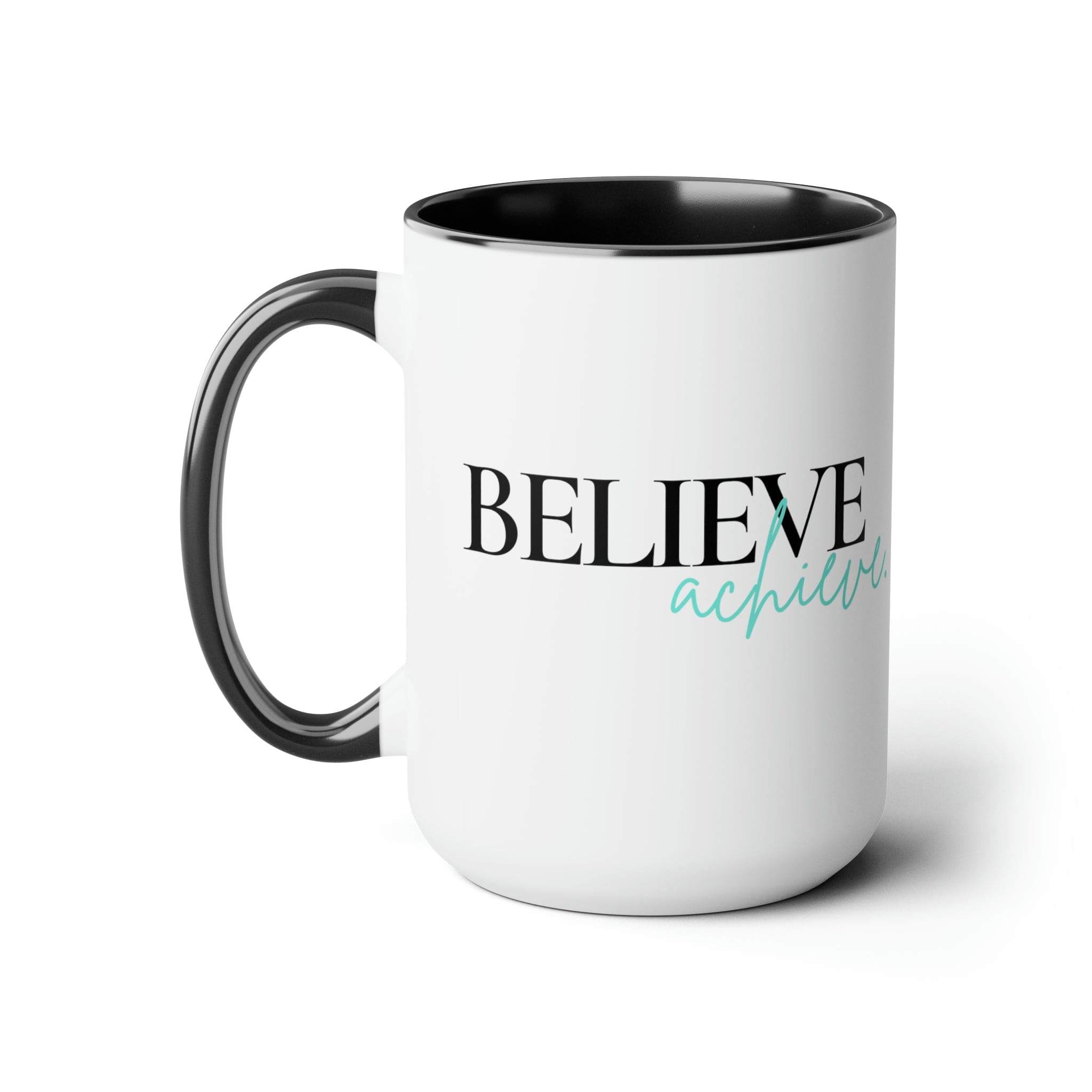 Black ceramic coffee mug with colored interior and handle, featuring the inspirational phrase 'Believe and Achieve'.