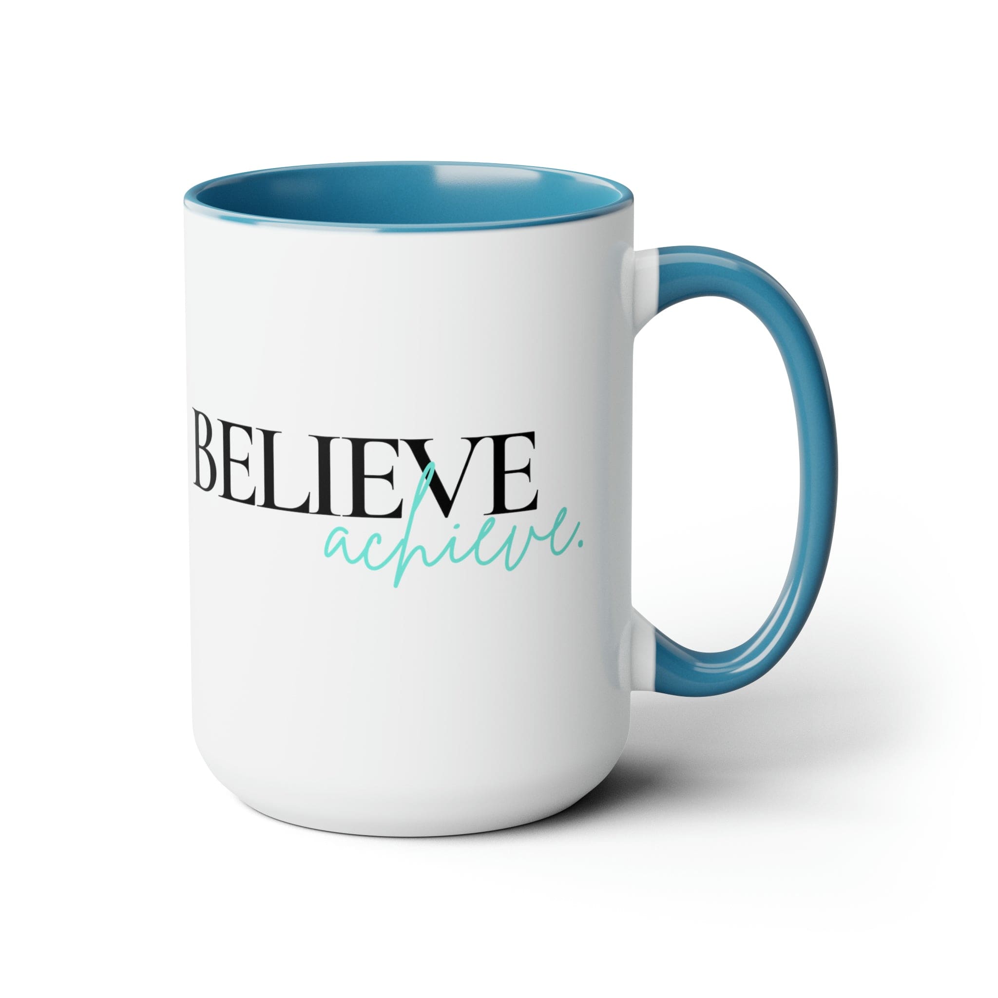 Black ceramic coffee mug with colored interior and handle, featuring the inspirational phrase 'Believe and Achieve'.