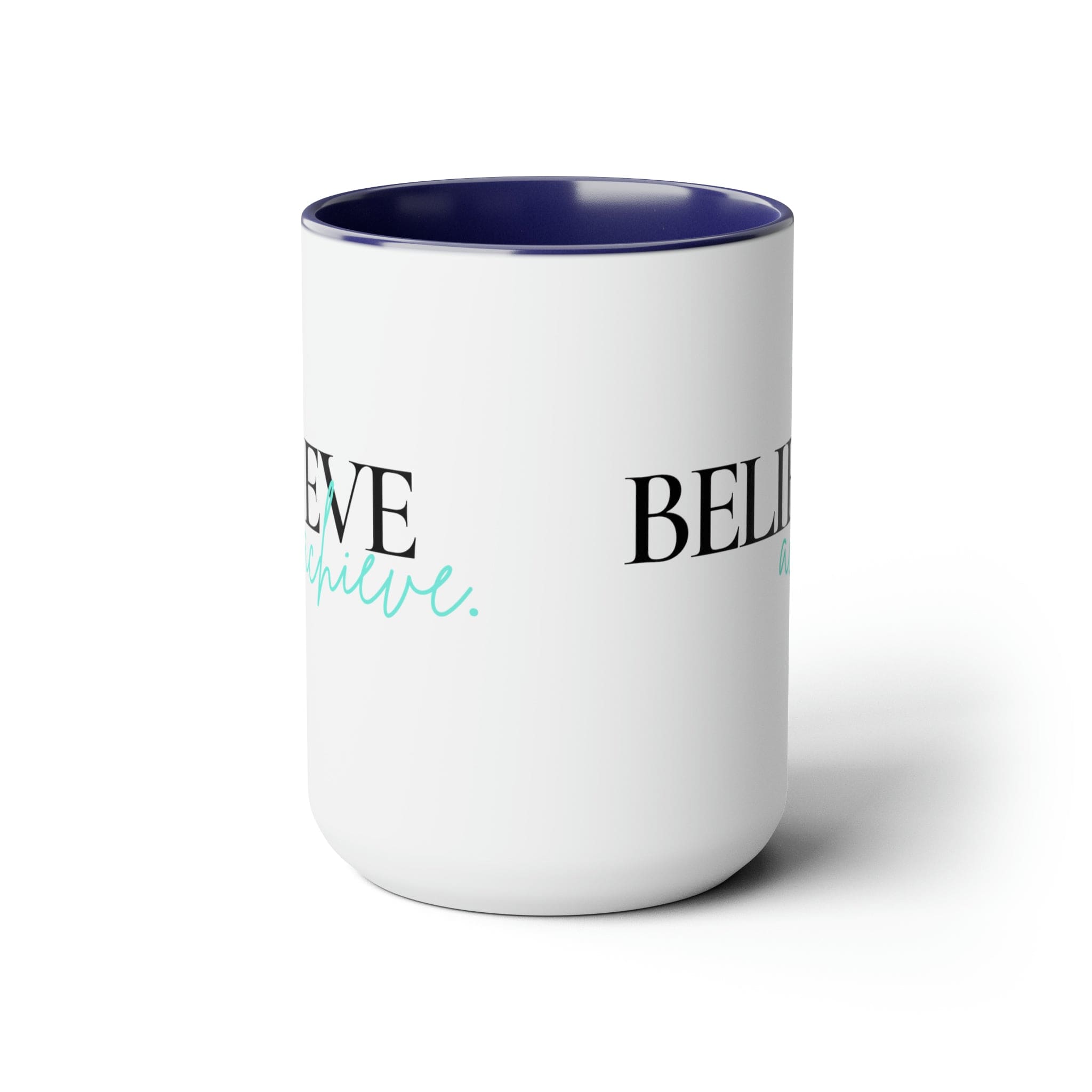 Black ceramic coffee mug with colored interior and handle, featuring the inspirational phrase 'Believe and Achieve'.