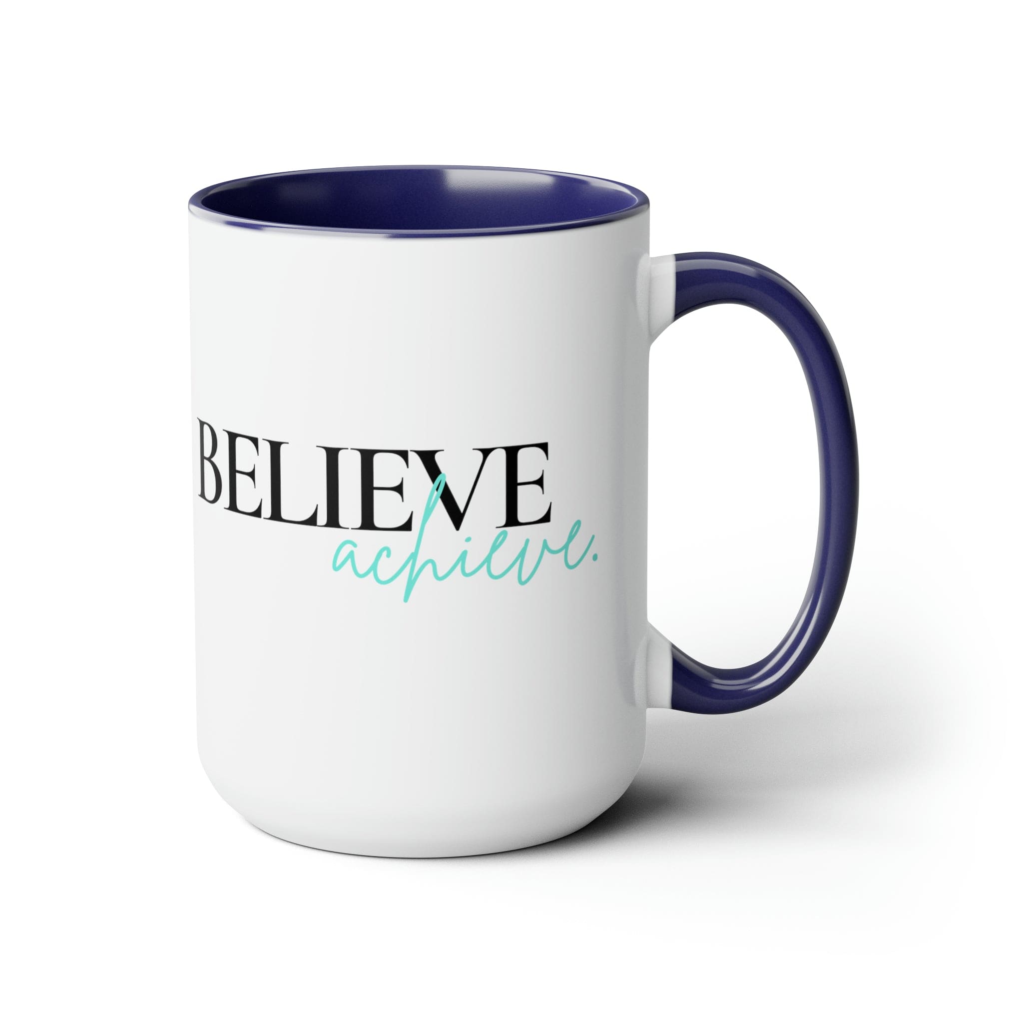 Black ceramic coffee mug with colored interior and handle, featuring the inspirational phrase 'Believe and Achieve'.