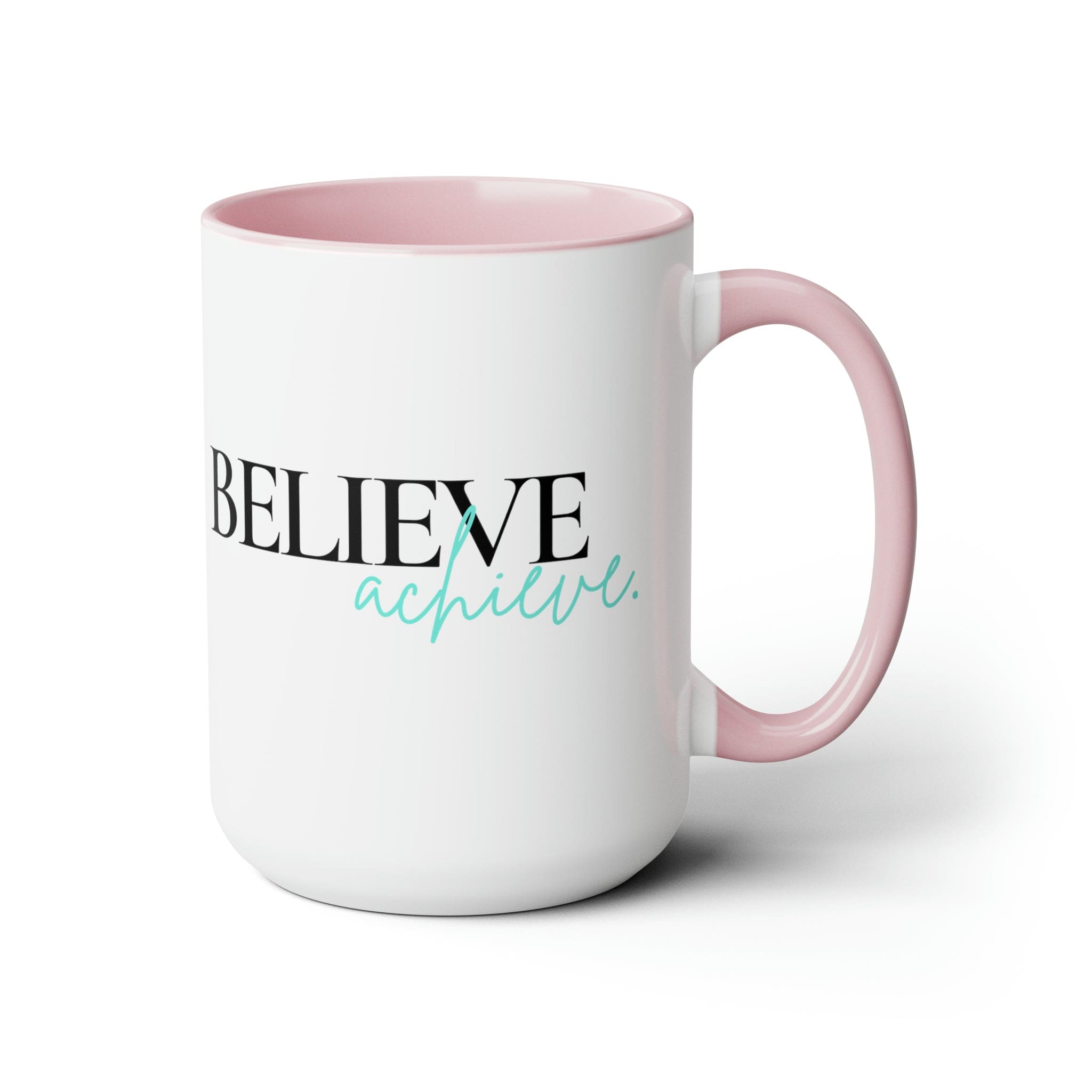 Black ceramic coffee mug with colored interior and handle, featuring the inspirational phrase 'Believe and Achieve'.