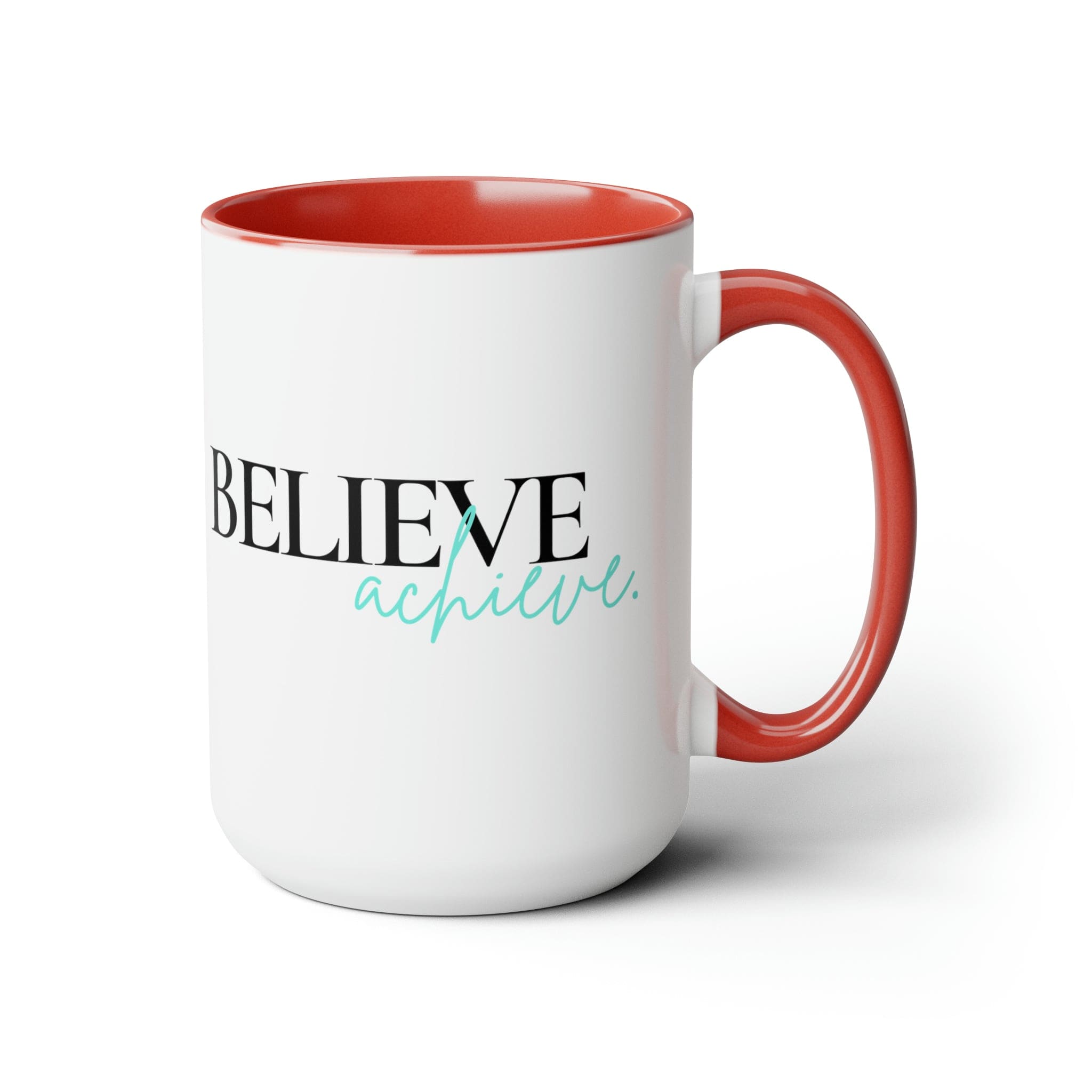 Black ceramic coffee mug with colored interior and handle, featuring the inspirational phrase 'Believe and Achieve'.