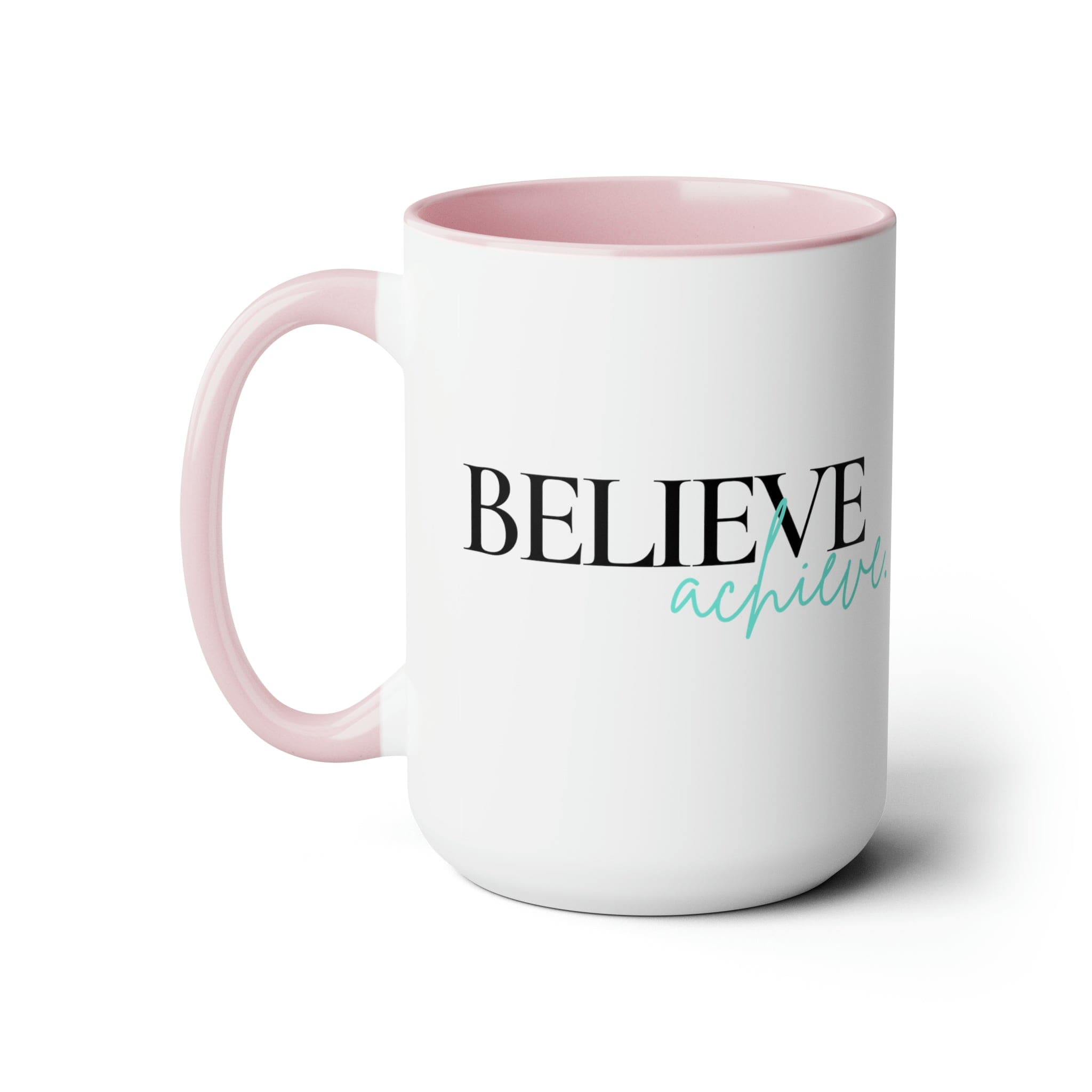 Black ceramic coffee mug with colored interior and handle, featuring the inspirational phrase 'Believe and Achieve'.