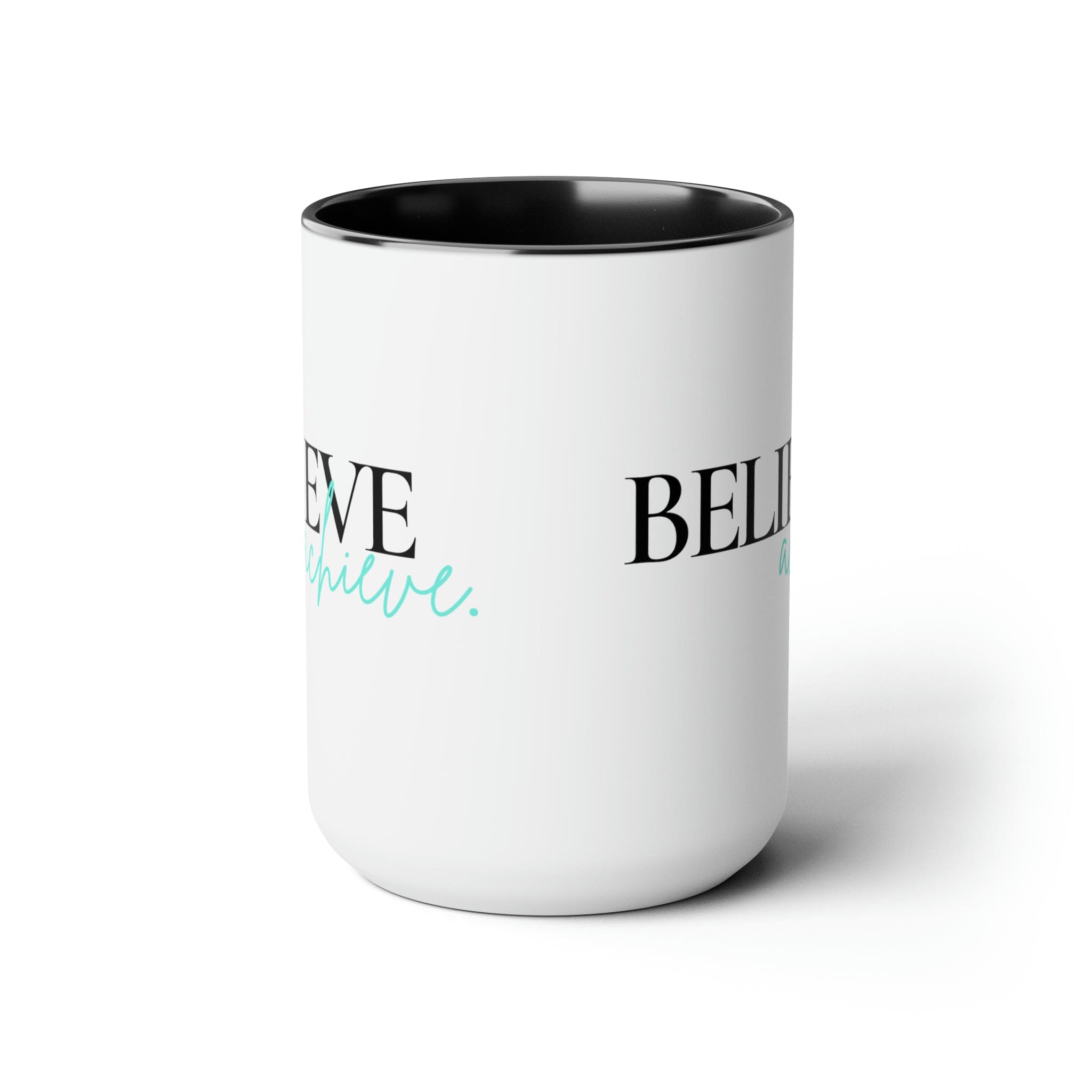 Black ceramic coffee mug with colored interior and handle, featuring the inspirational phrase 'Believe and Achieve'.