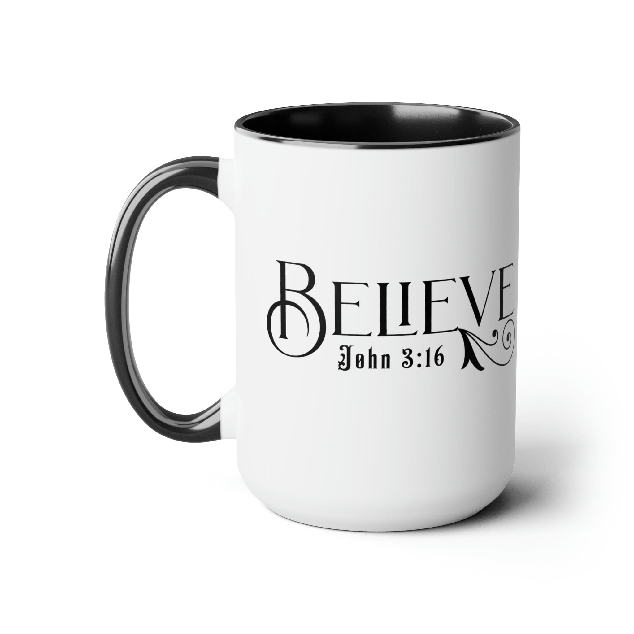 Accent Ceramic Coffee Mug 15oz featuring Believe John 3:16 black illustration, with a white exterior and colored interior.