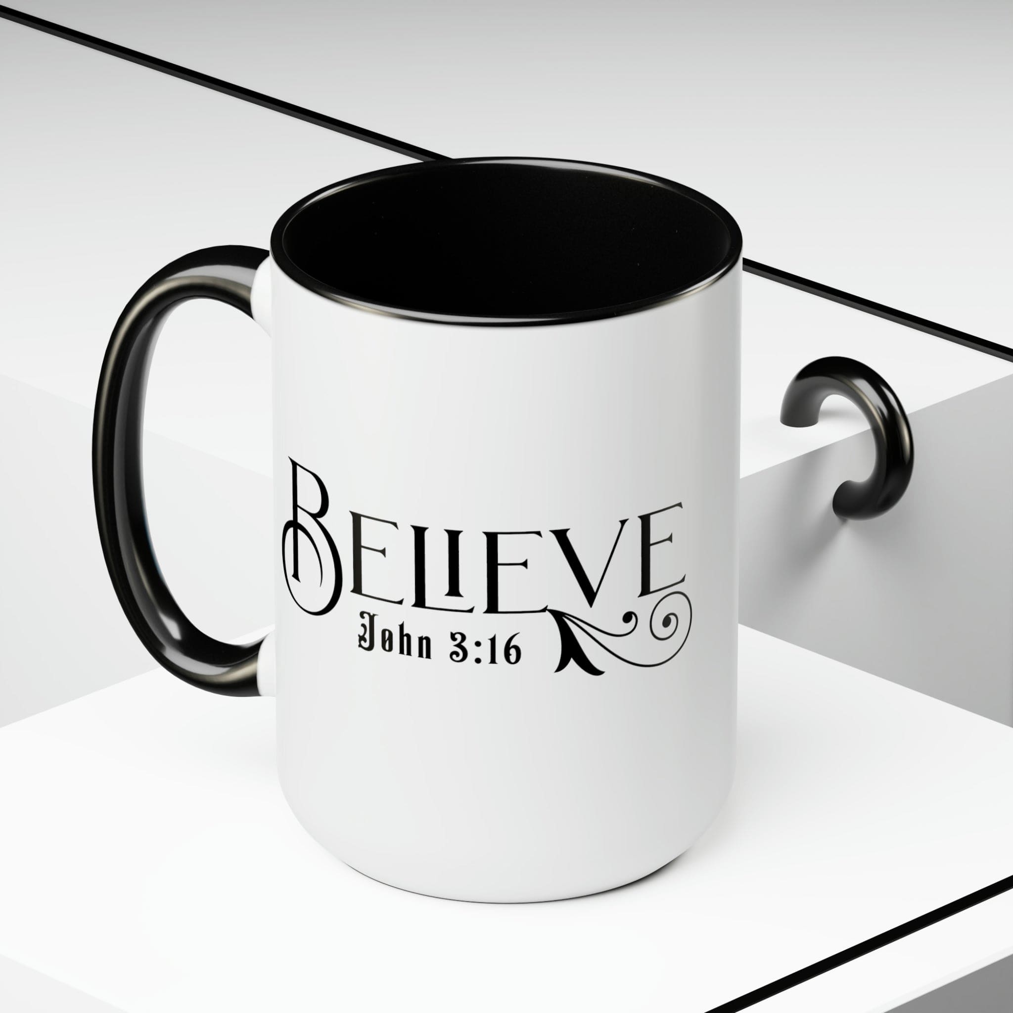 Accent Ceramic Coffee Mug 15oz featuring Believe John 3:16 black illustration, with a white exterior and colored interior.