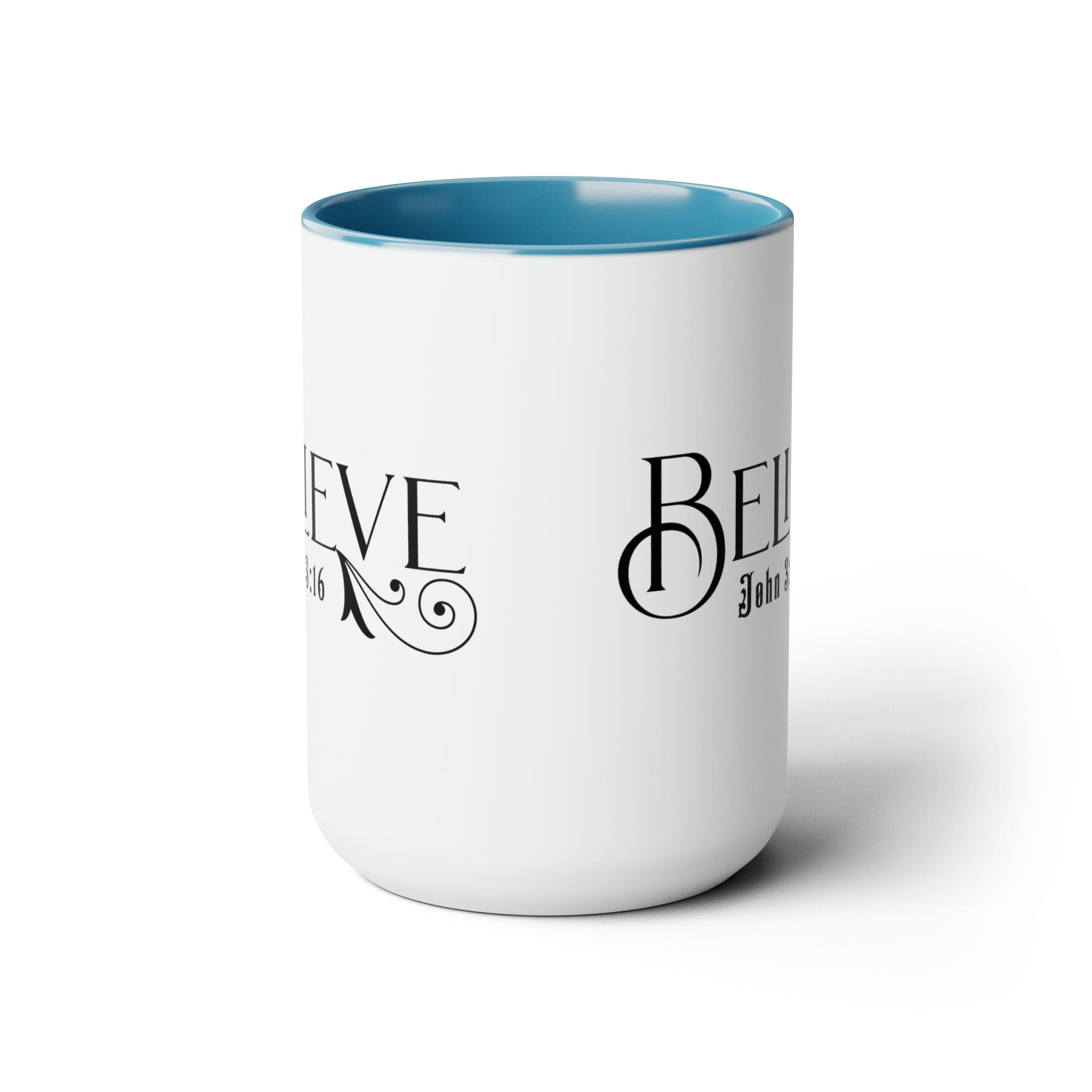 Accent Ceramic Coffee Mug 15oz featuring Believe John 3:16 black illustration, with a white exterior and colored interior.