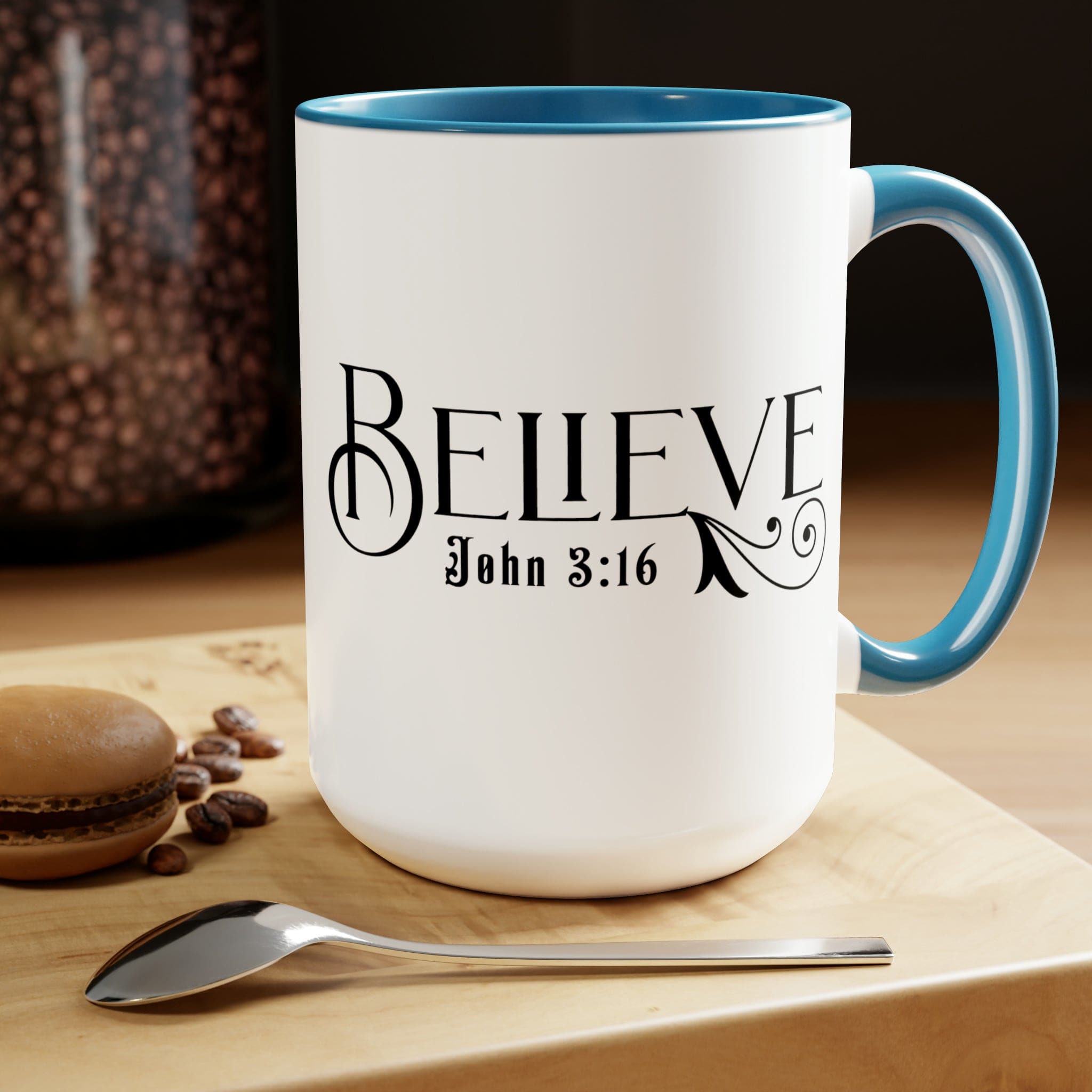 Accent Ceramic Coffee Mug 15oz featuring Believe John 3:16 black illustration, with a white exterior and colored interior.