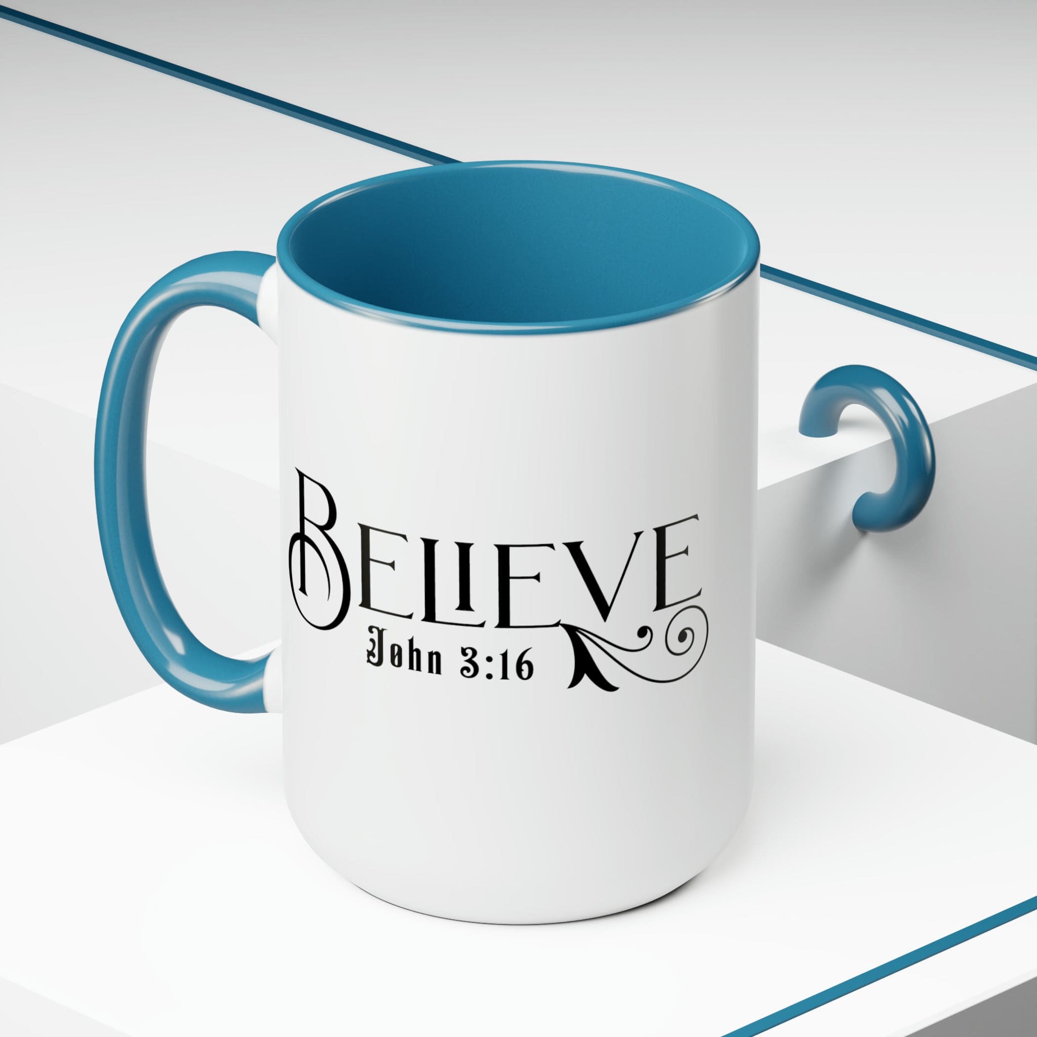 Accent Ceramic Coffee Mug 15oz featuring Believe John 3:16 black illustration, with a white exterior and colored interior.