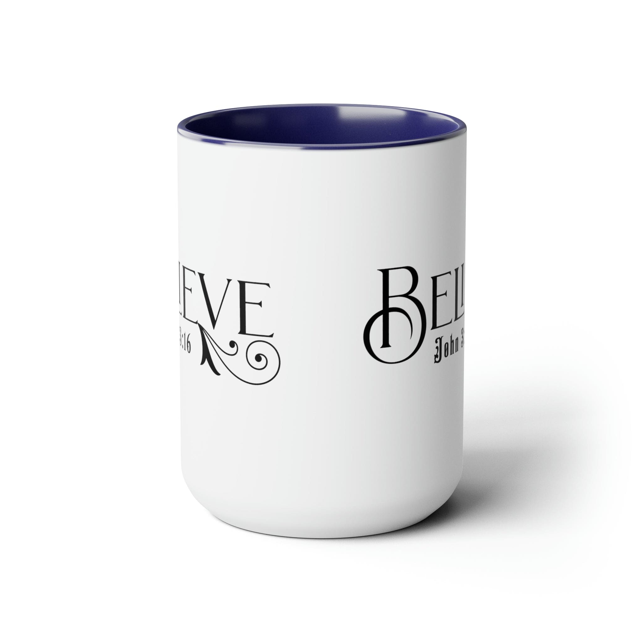 Accent Ceramic Coffee Mug 15oz featuring Believe John 3:16 black illustration, with a white exterior and colored interior.