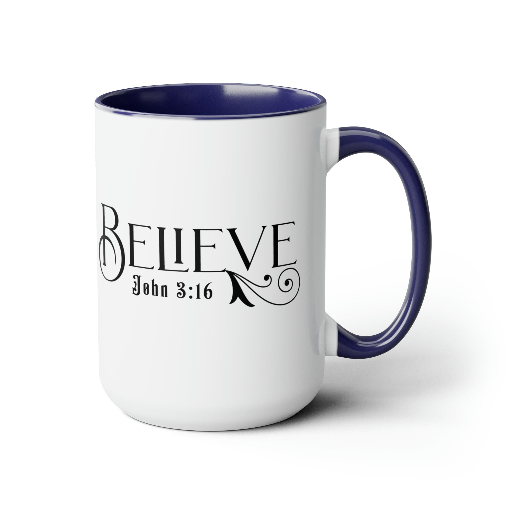 Accent Ceramic Coffee Mug 15oz featuring Believe John 3:16 black illustration, with a white exterior and colored interior.