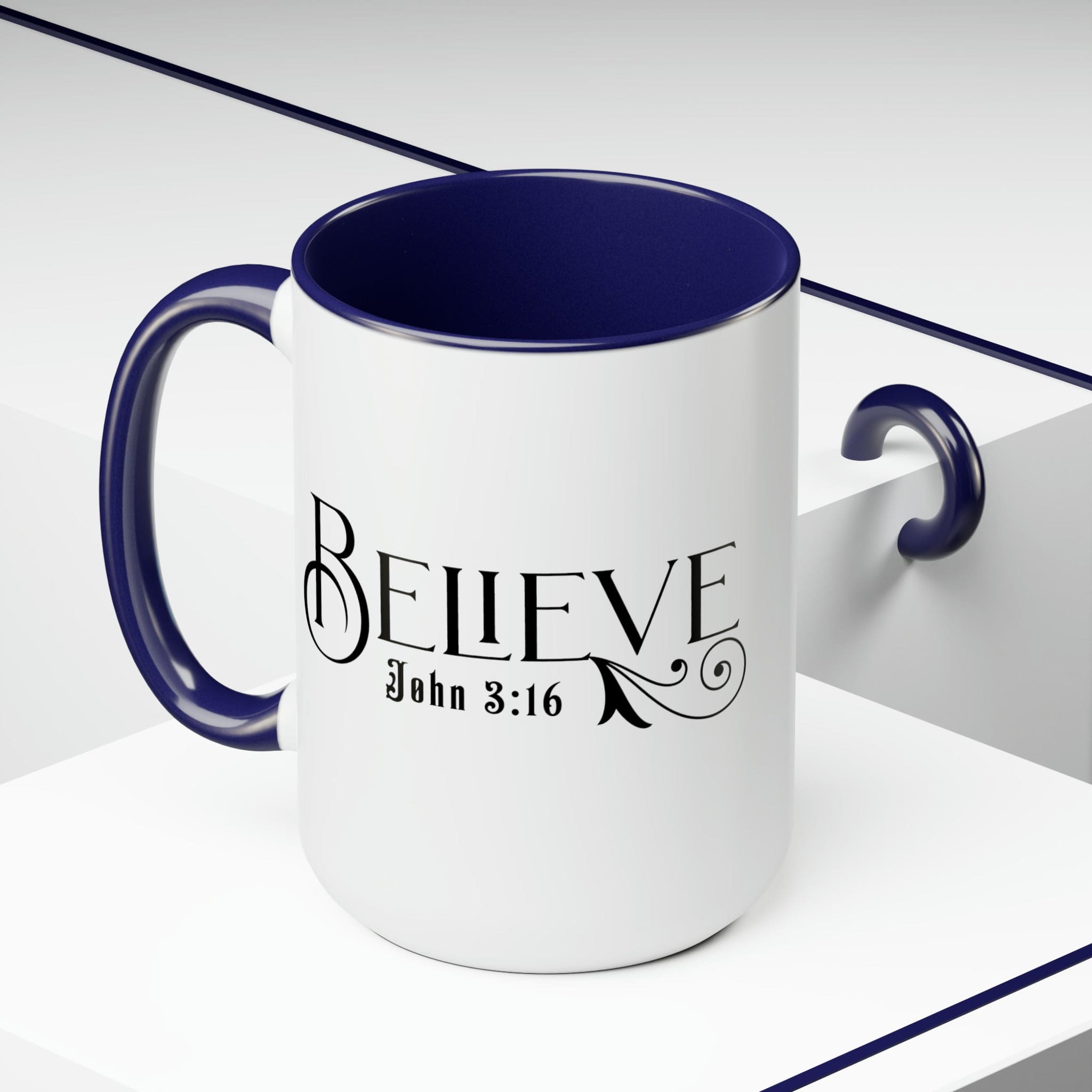 Accent Ceramic Coffee Mug 15oz featuring Believe John 3:16 black illustration, with a white exterior and colored interior.