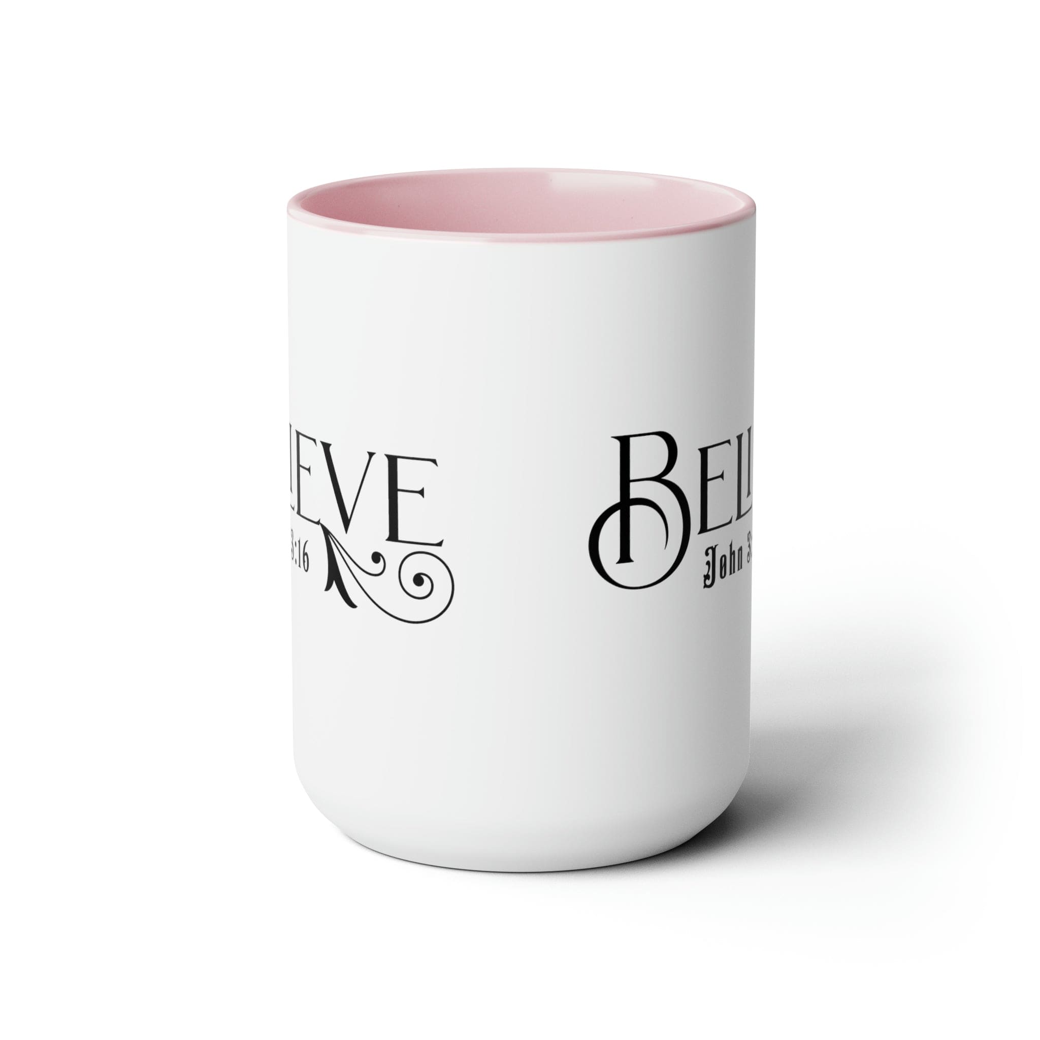 Accent Ceramic Coffee Mug 15oz featuring Believe John 3:16 black illustration, with a white exterior and colored interior.