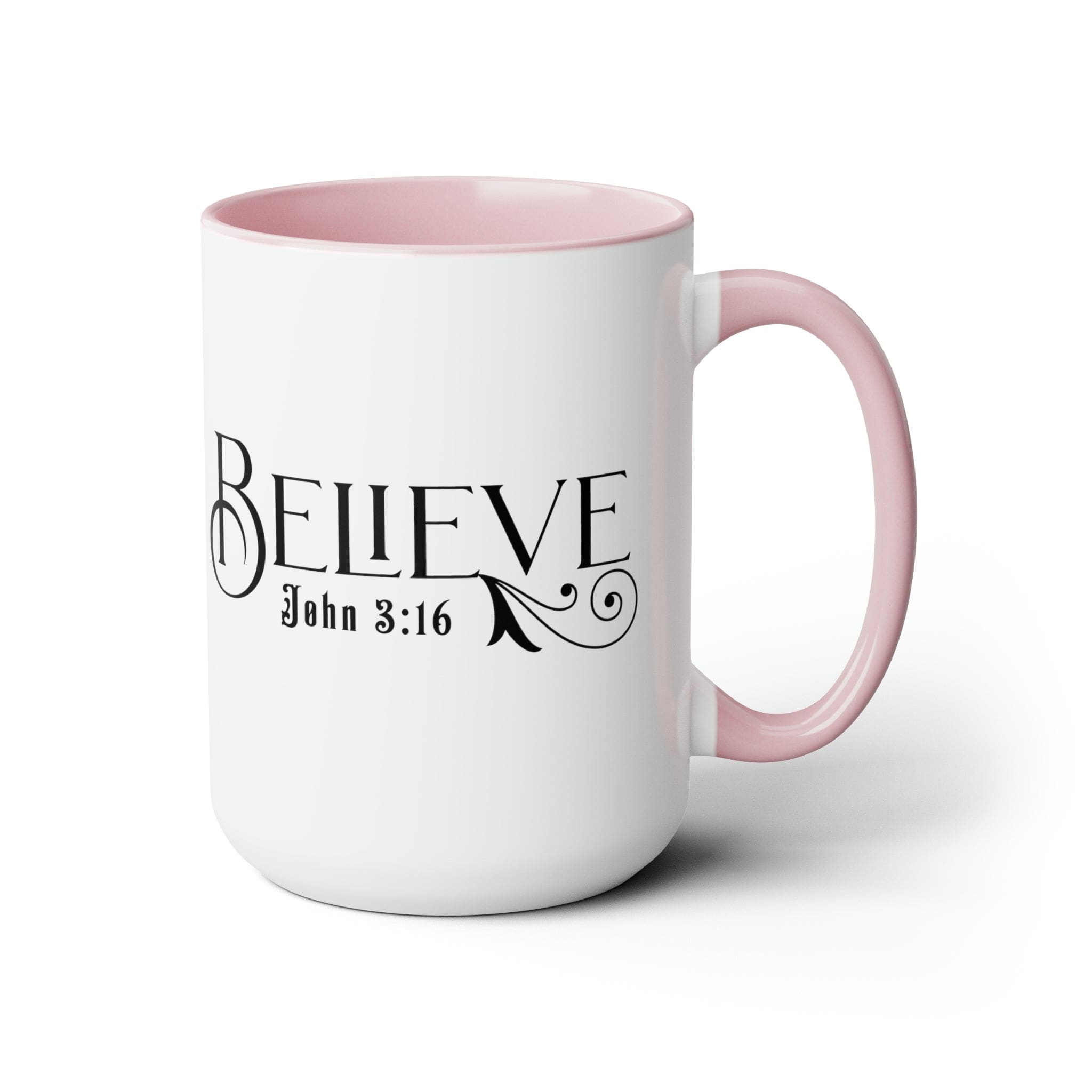 Accent Ceramic Coffee Mug 15oz featuring Believe John 3:16 black illustration, with a white exterior and colored interior.