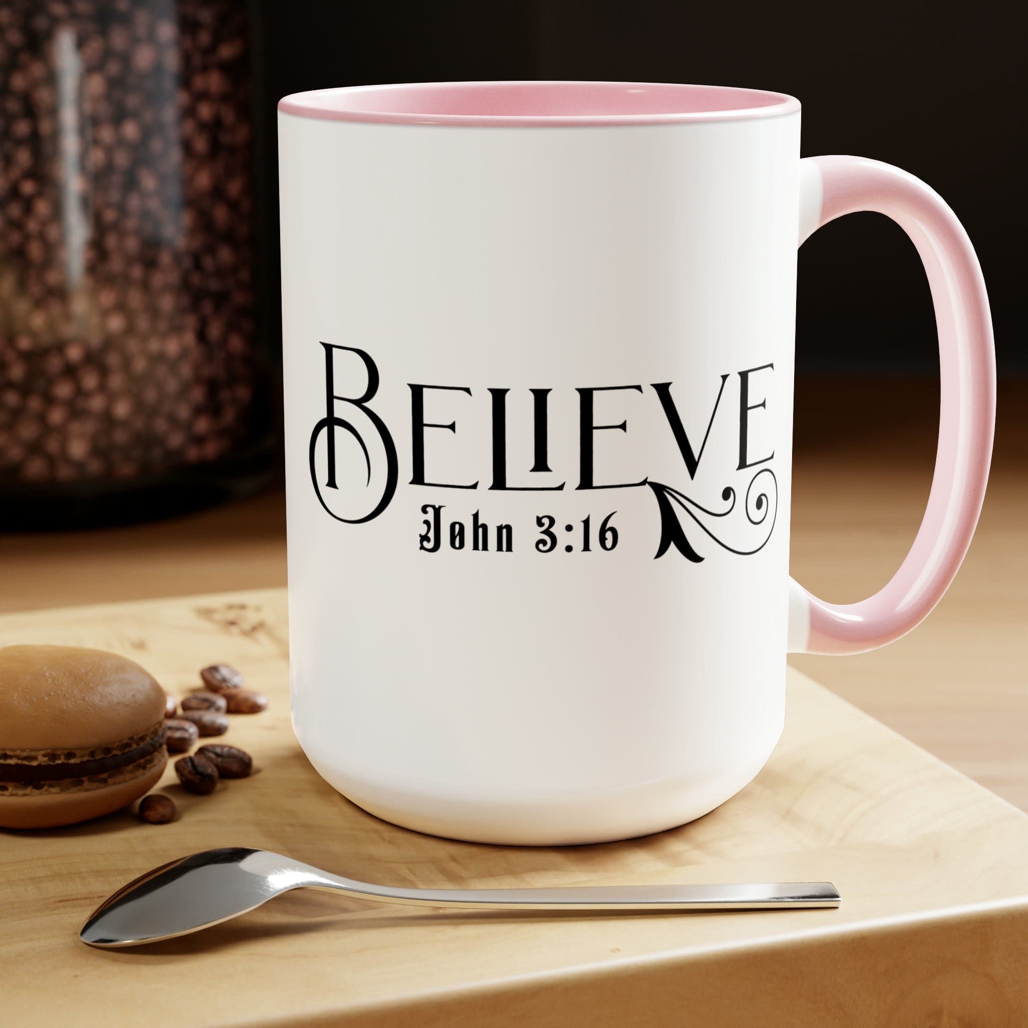 Accent Ceramic Coffee Mug 15oz featuring Believe John 3:16 black illustration, with a white exterior and colored interior.